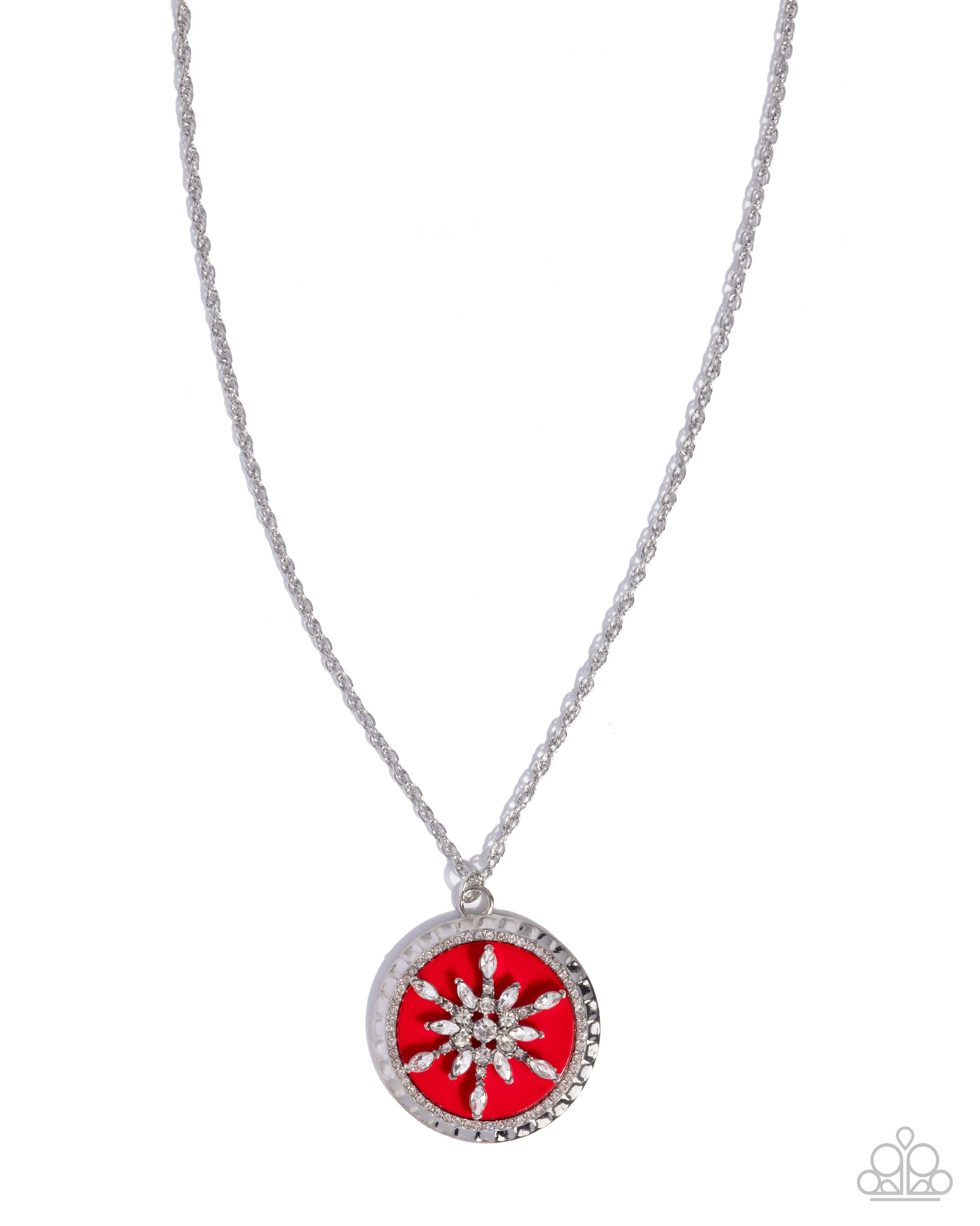 Necklace with a red pendant and silver chain on a white background