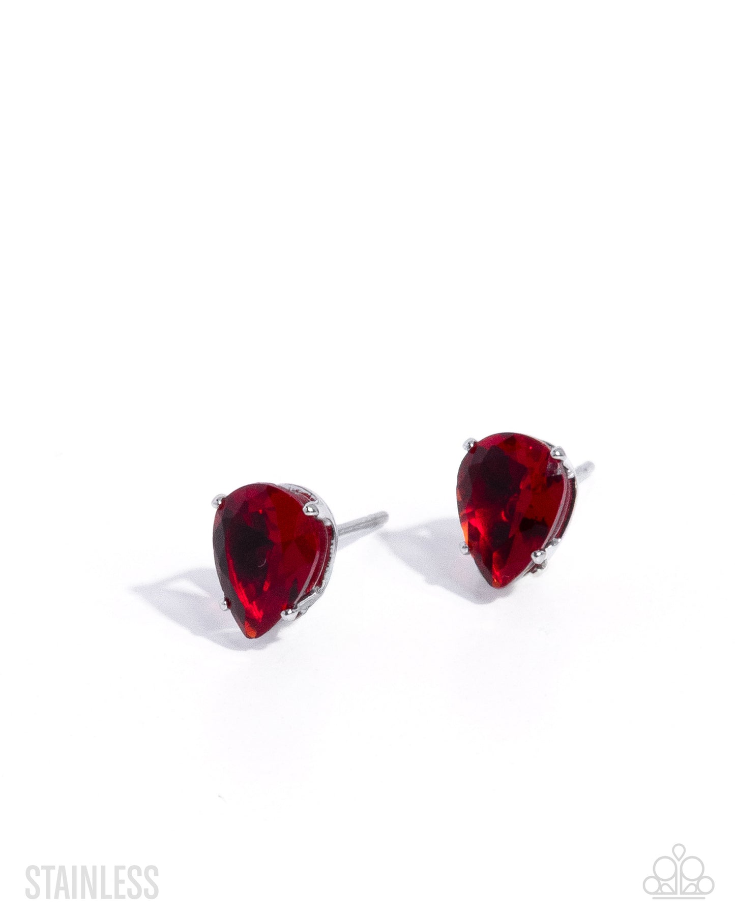 Pair of red teardrop earrings on a white background