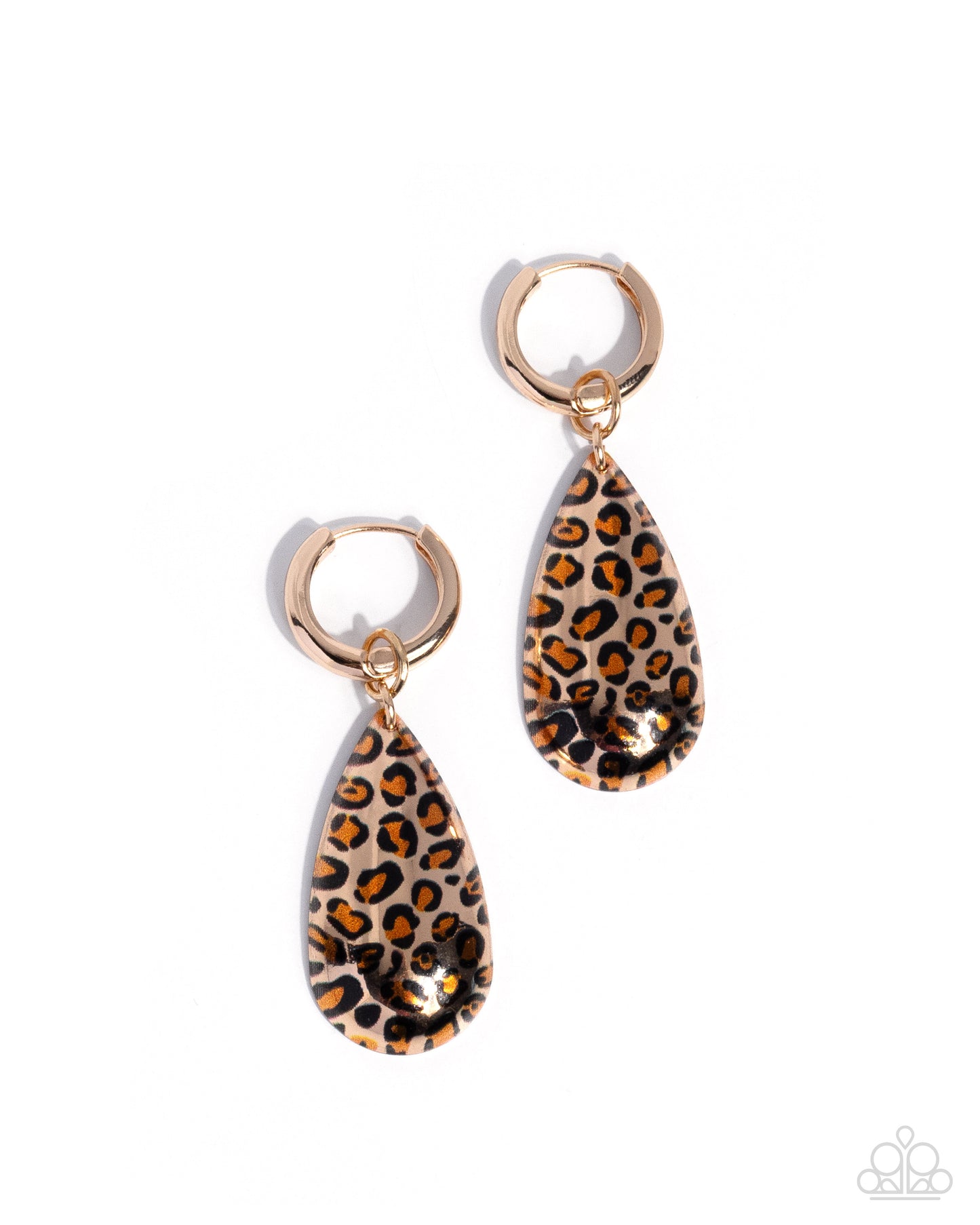 Leopard print teardrop earrings with gold accents on a white background
