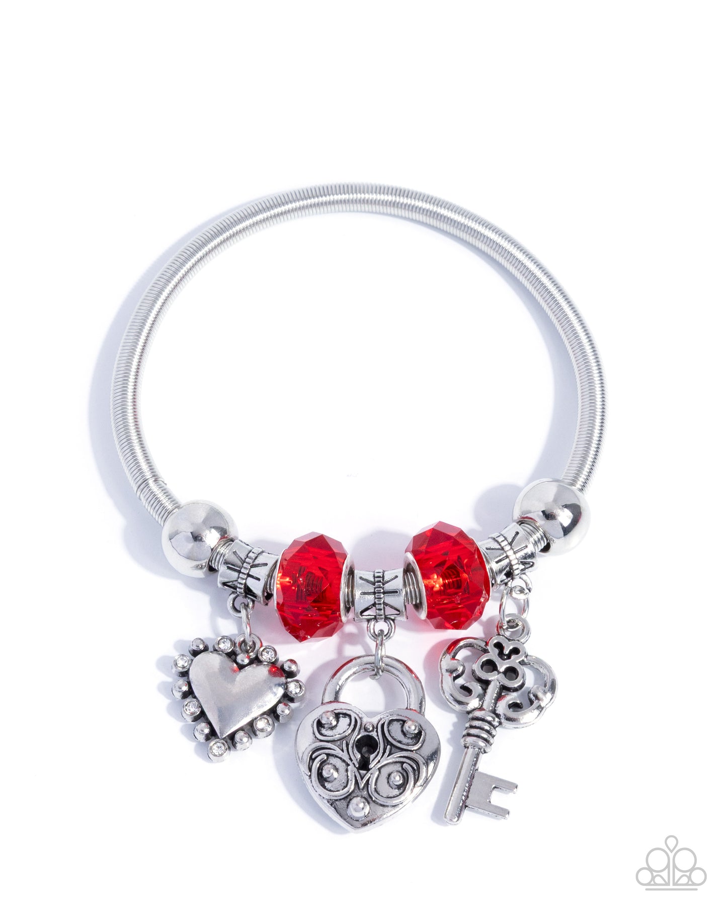 Silver bracelet with red heart-shaped beads and key charm on a white background