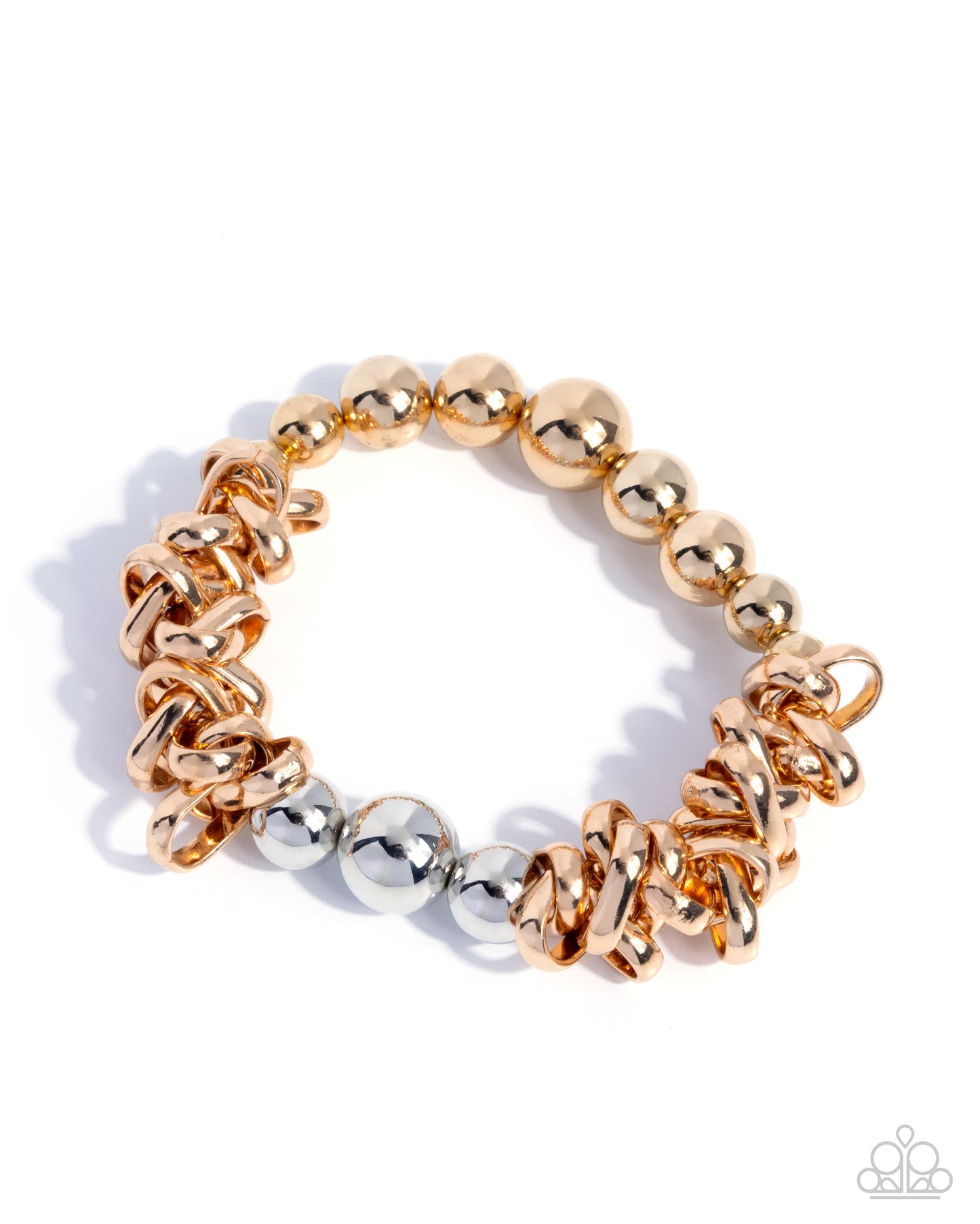 Gold and silver beaded bracelet on a white background