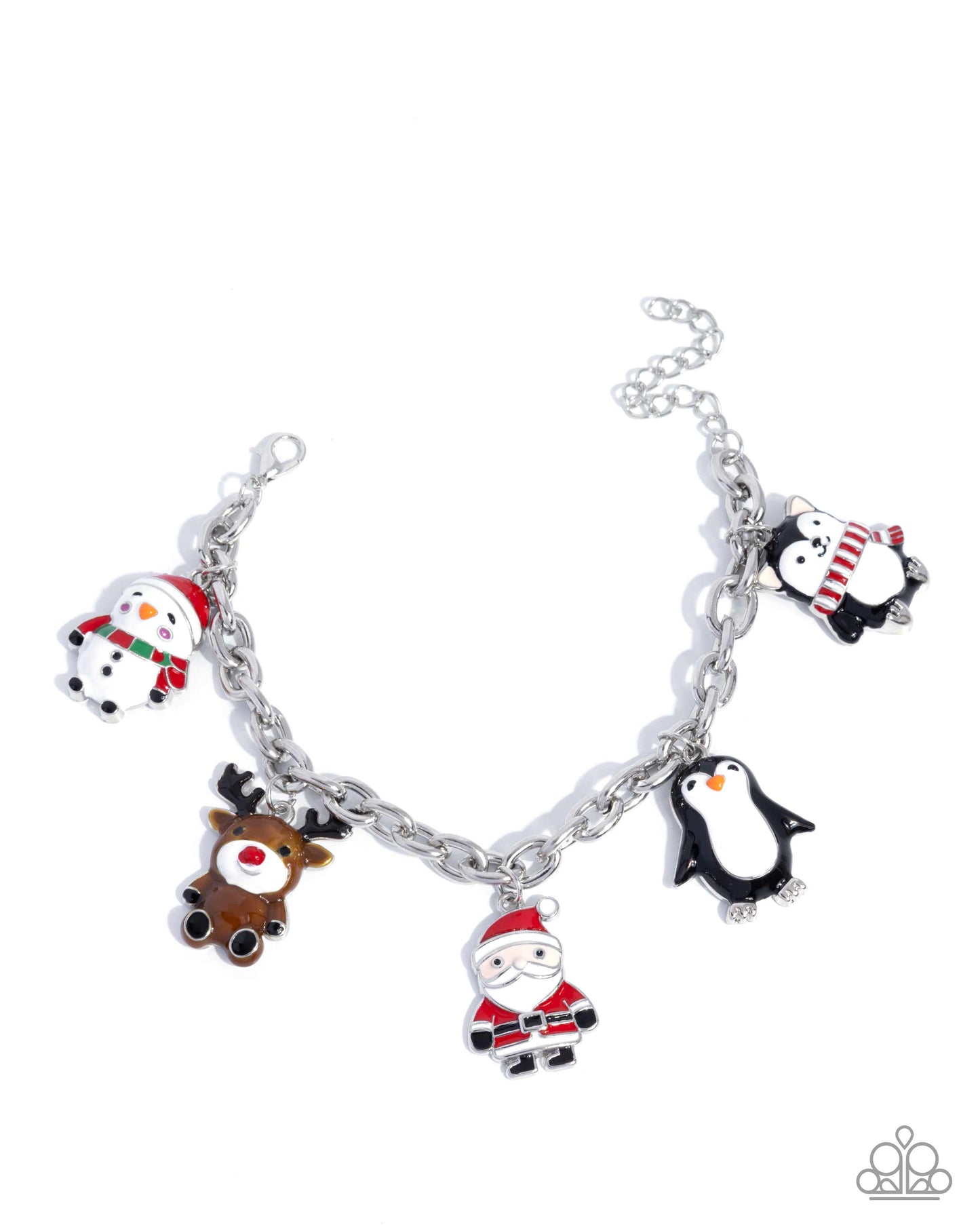 Silver bracelet with Christmas-themed charms including a snowman, penguin, reindeer, and Santa Claus on a white background.