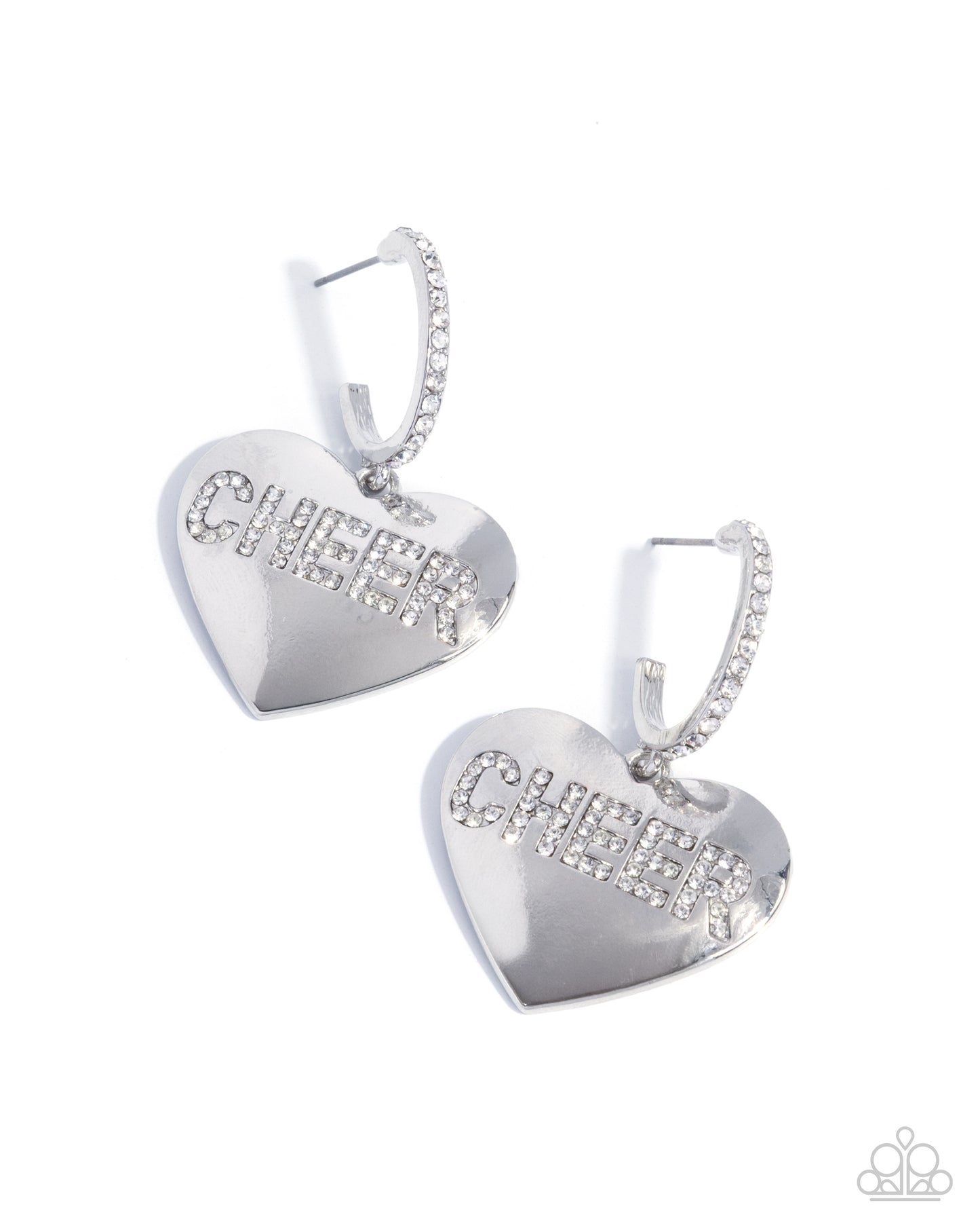 Heart-shaped silver earrings with clear gemstones on a white background