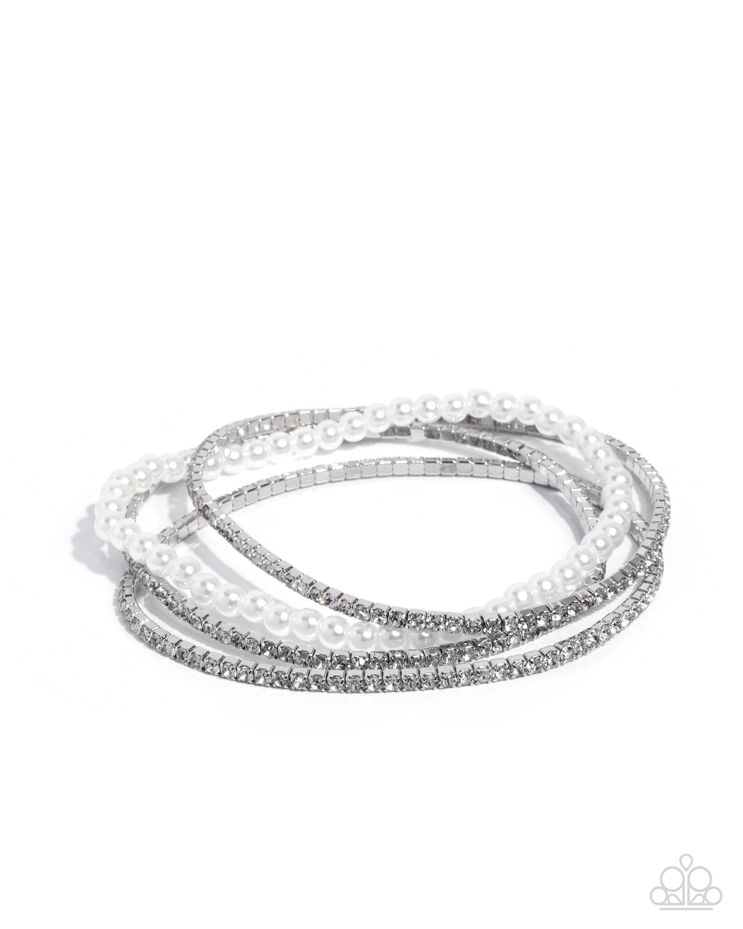 Set of three silver and white beaded bracelets on a white background
