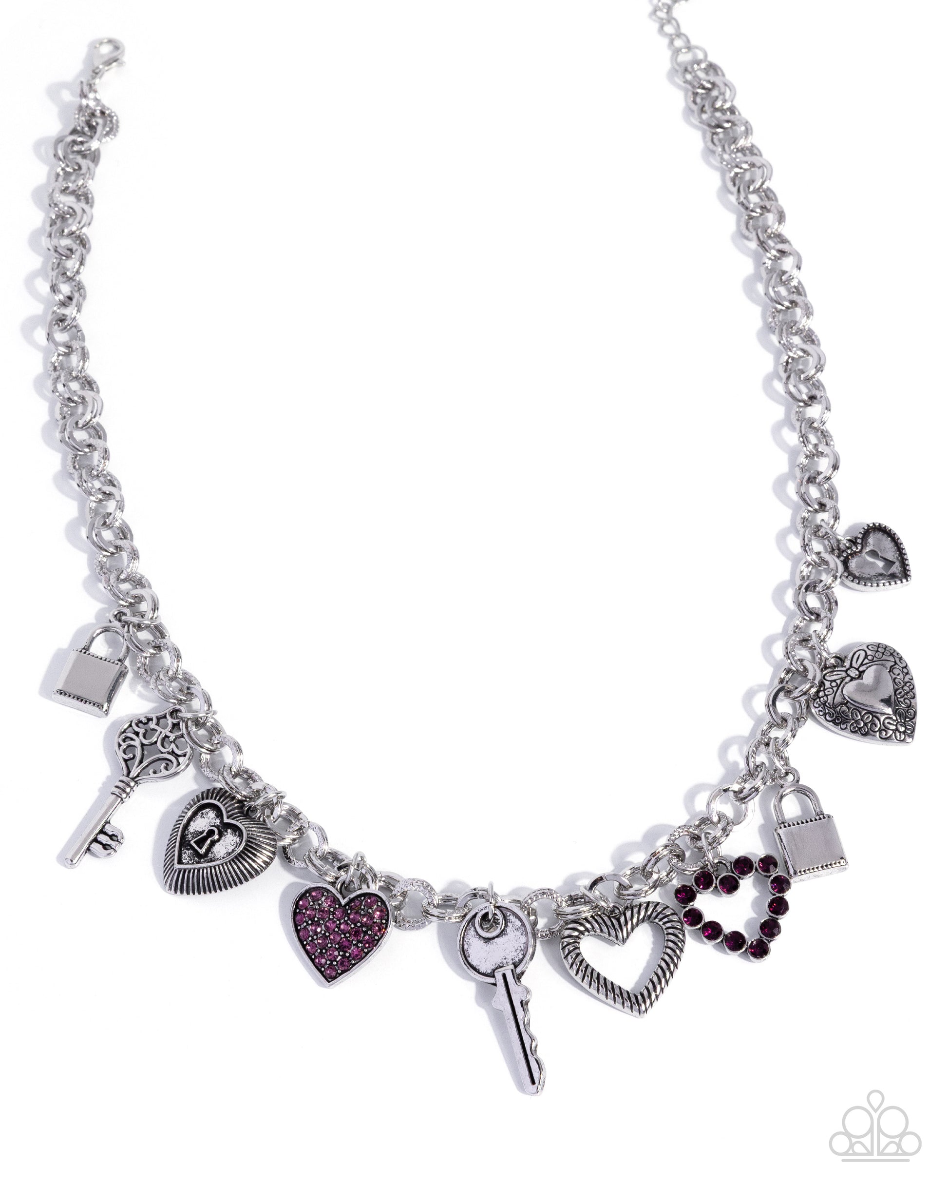 Necklace with various charms including hearts and keys on a white background