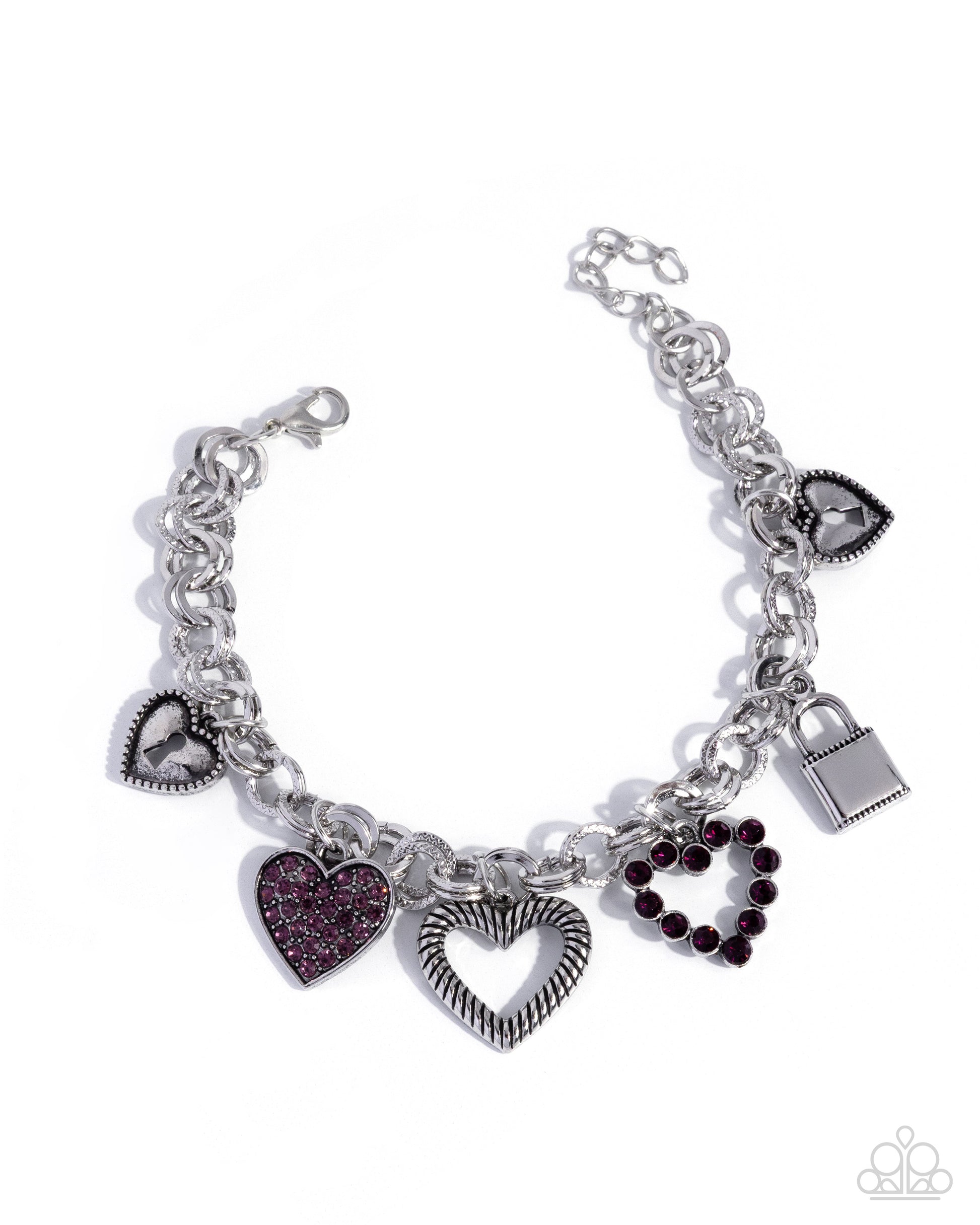 Silver bracelet with heart-shaped charms on a white background
