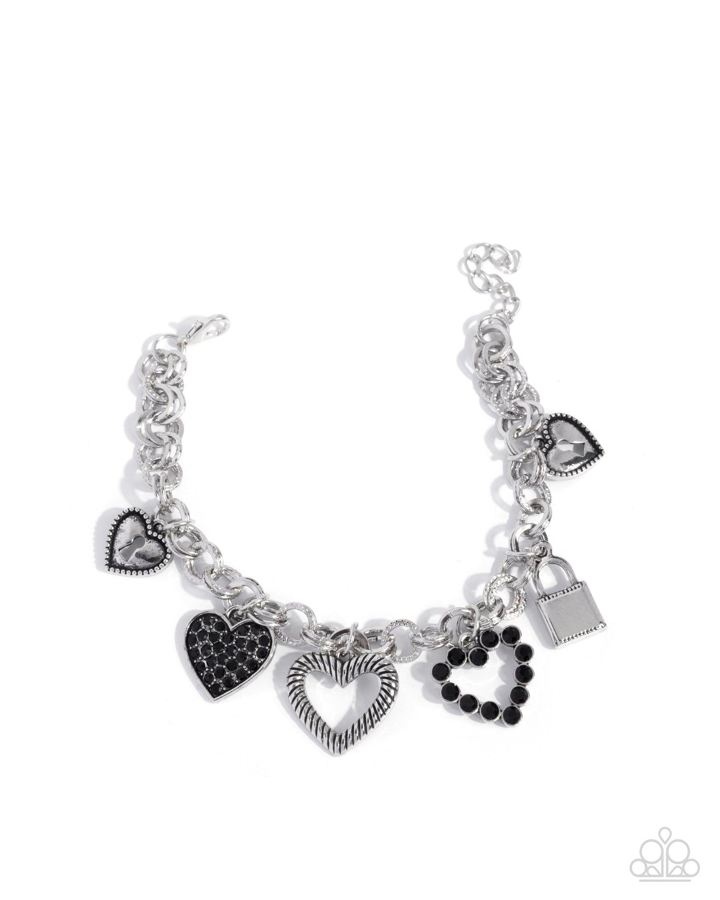 Silver bracelet with heart-shaped charms on a white background