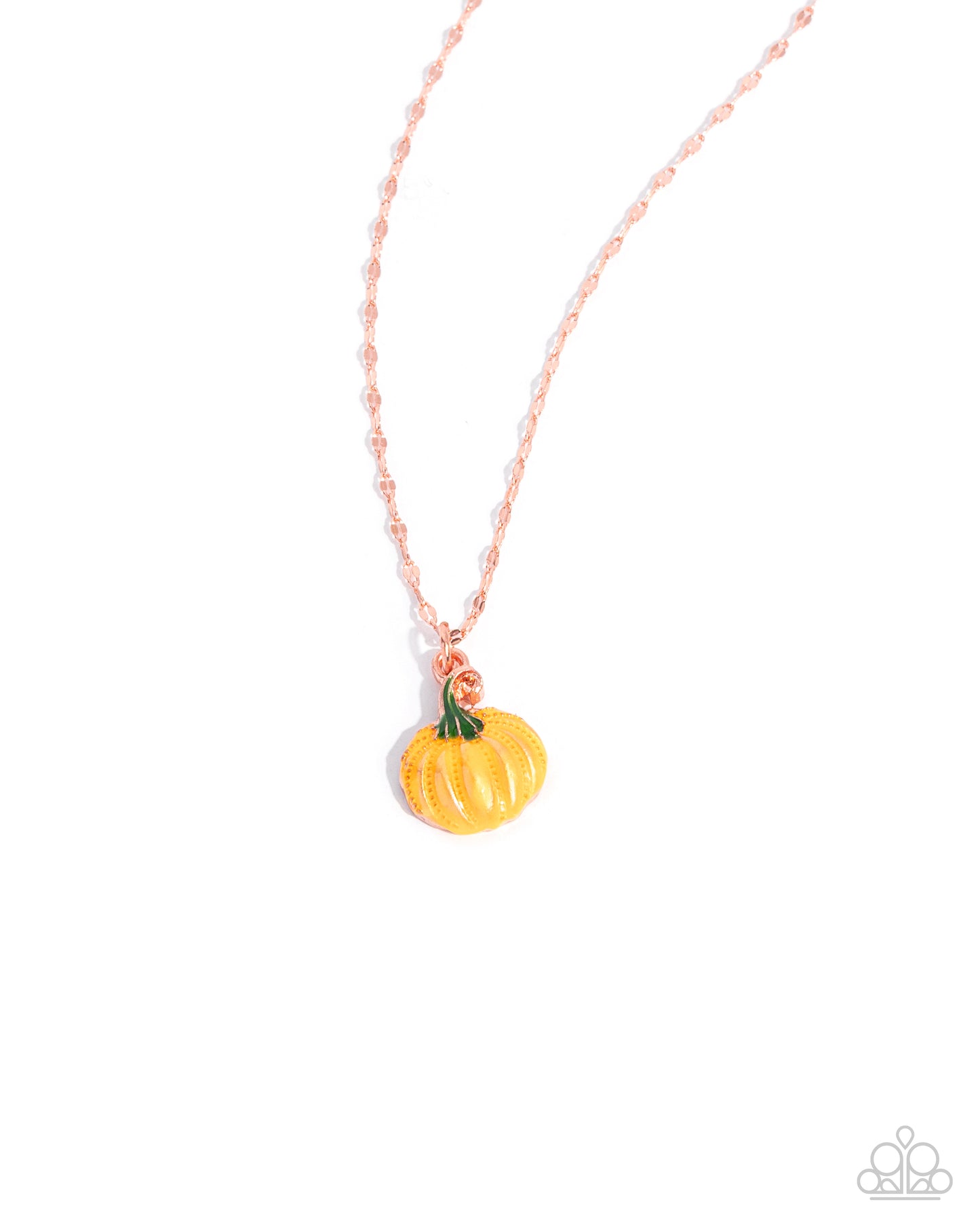 Pumpkin-shaped pendant on a pink chain against a white background