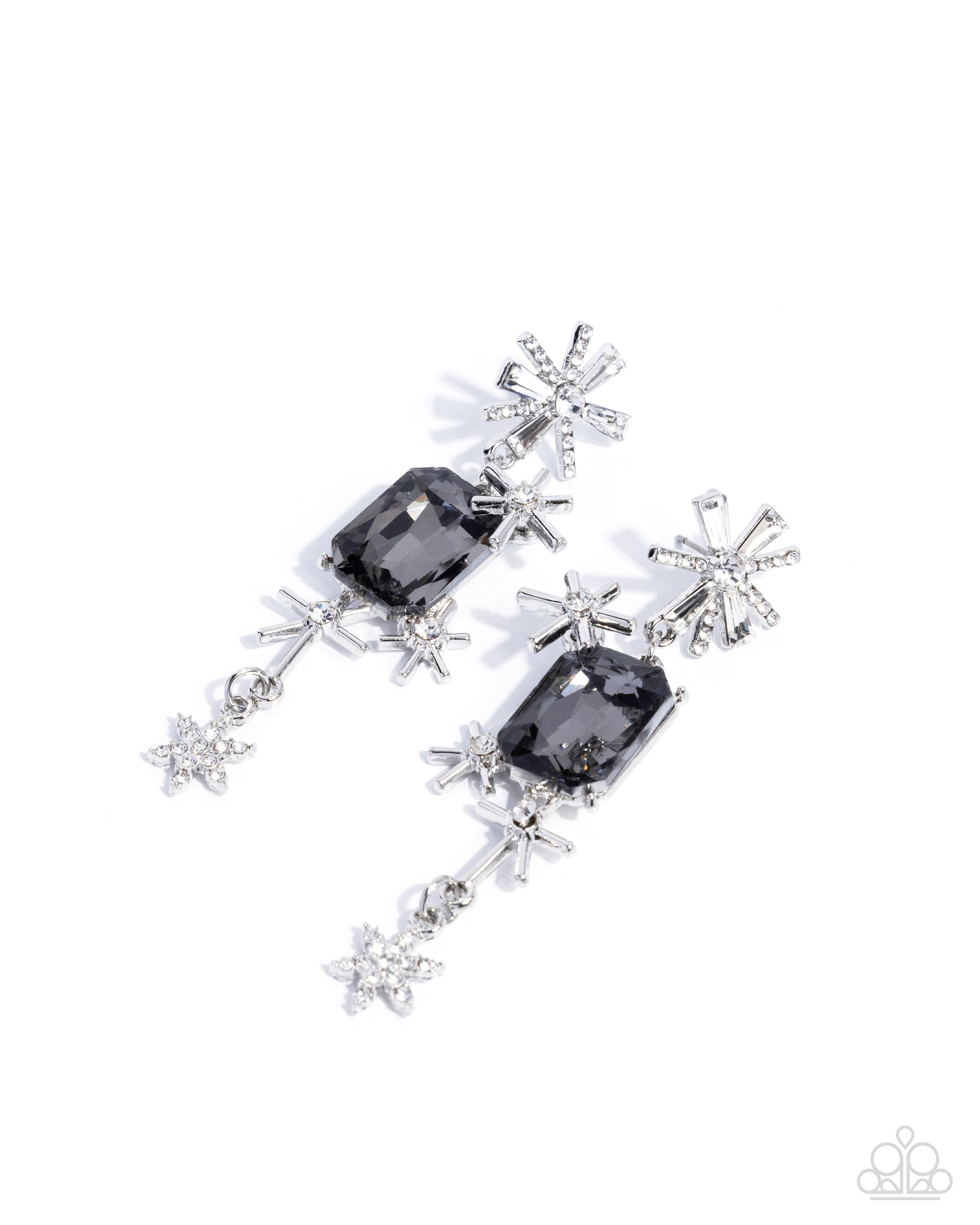 Pair of earrings with black gemstones and star-shaped elements on a white background