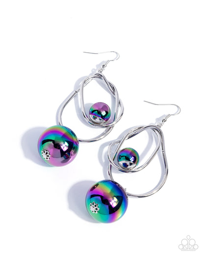 Silver hoop earrings with rainbow-colored spherical elements on a white background