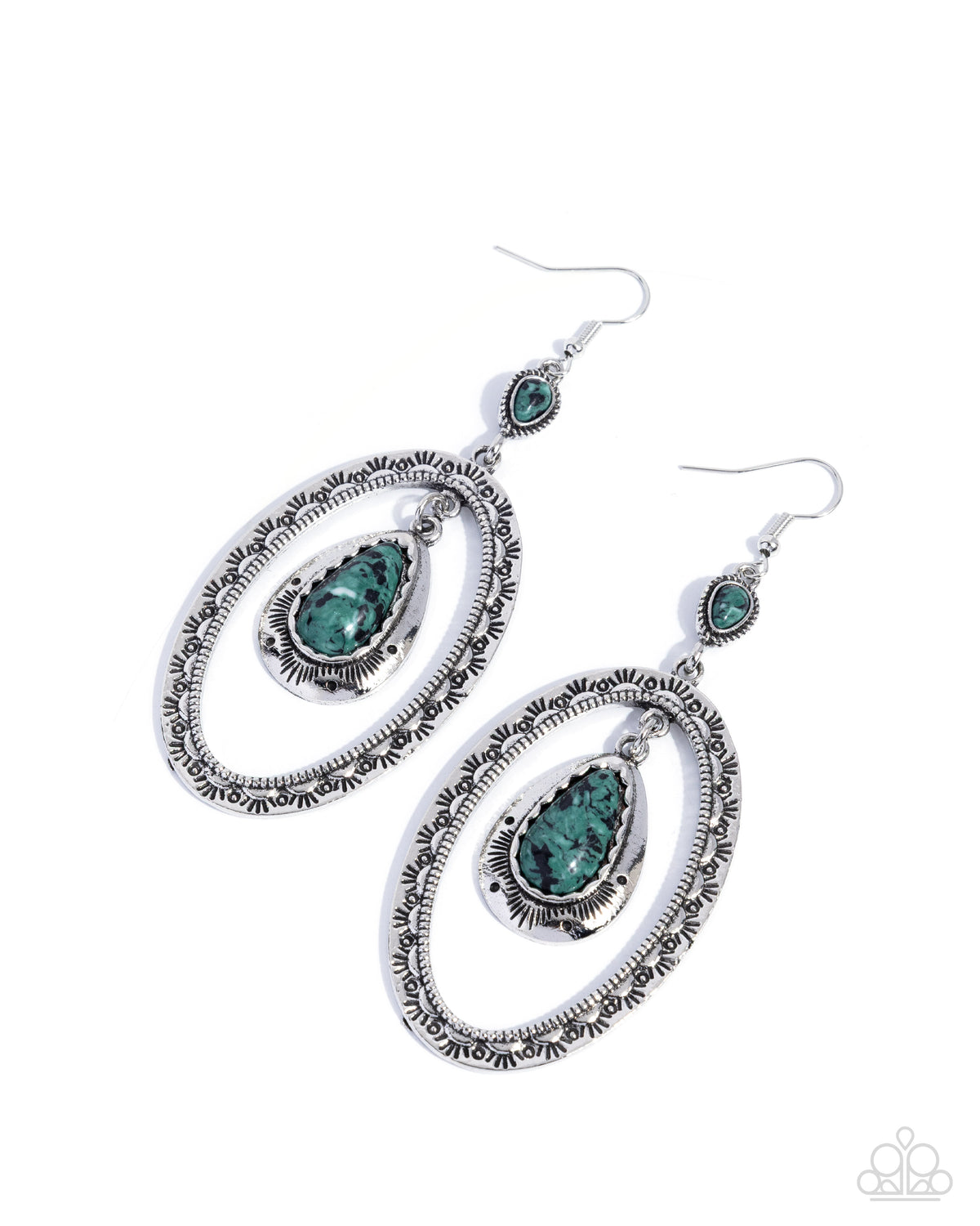 Textured Teeter green marbled stone silver dangle earrings by Paparazzi Accessories