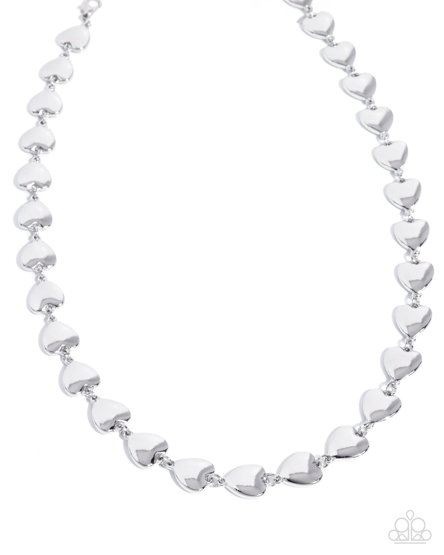 Silver heart-shaped beaded necklace on a white background