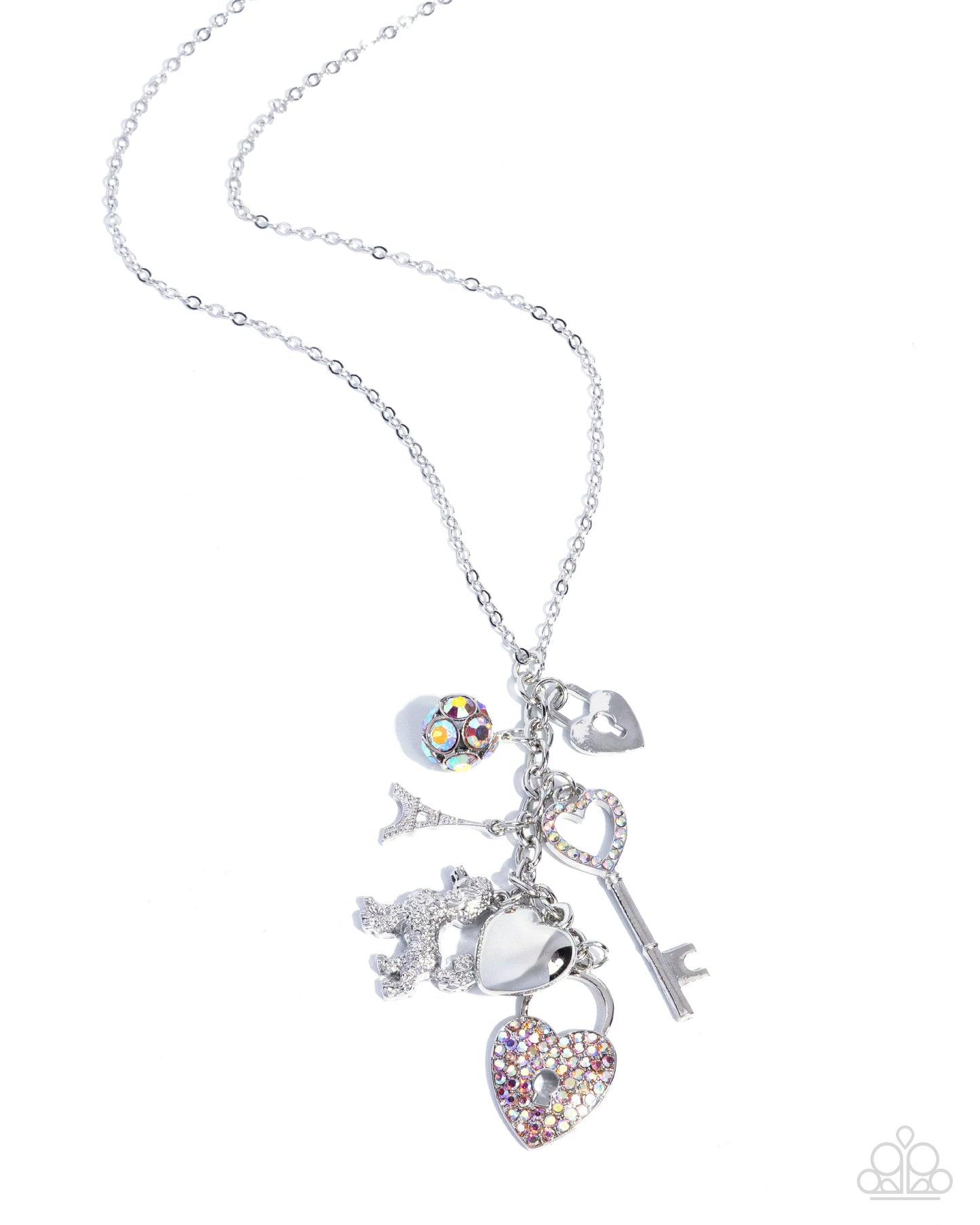 Necklace with various charms on a white background