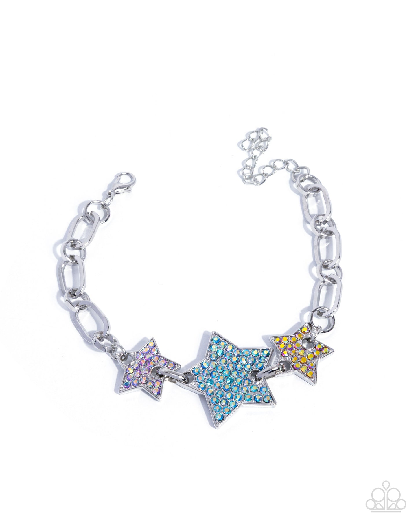 Silver bracelet with colorful star-shaped charms on a white background