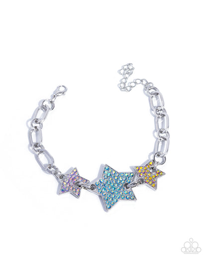 Silver bracelet with colorful star-shaped charms on a white background