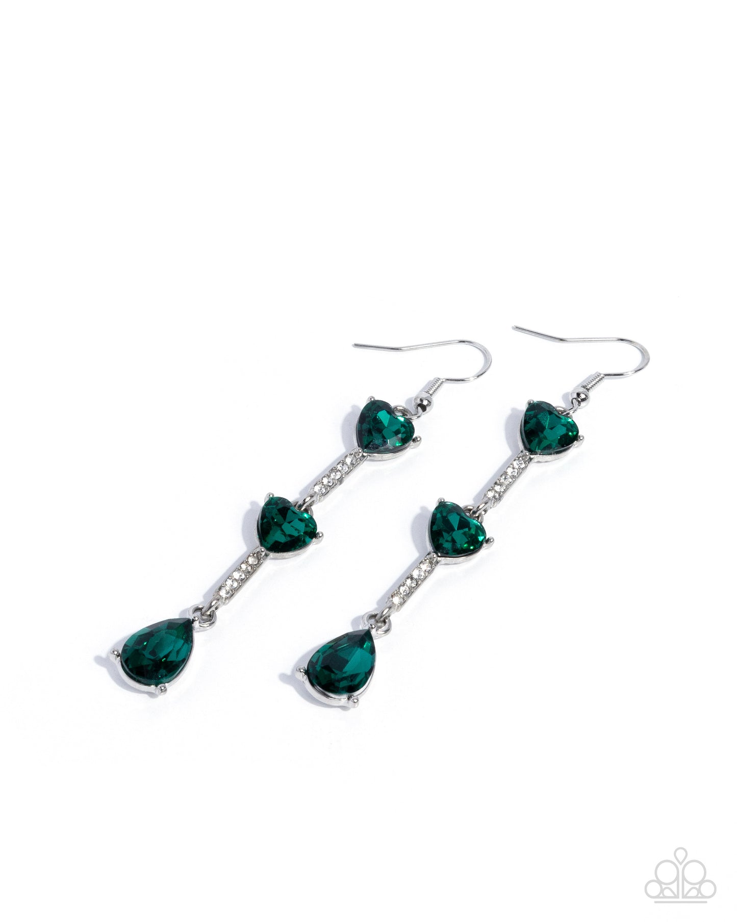 Pair of green teardrop earrings on a white background