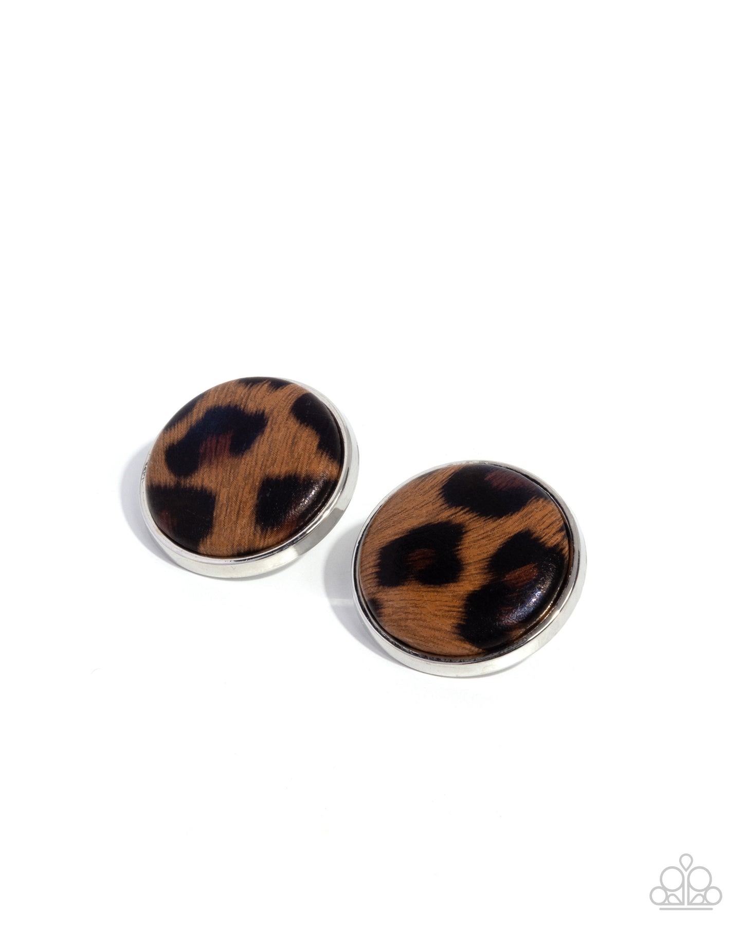 Pair of leopard print earrings on a white background