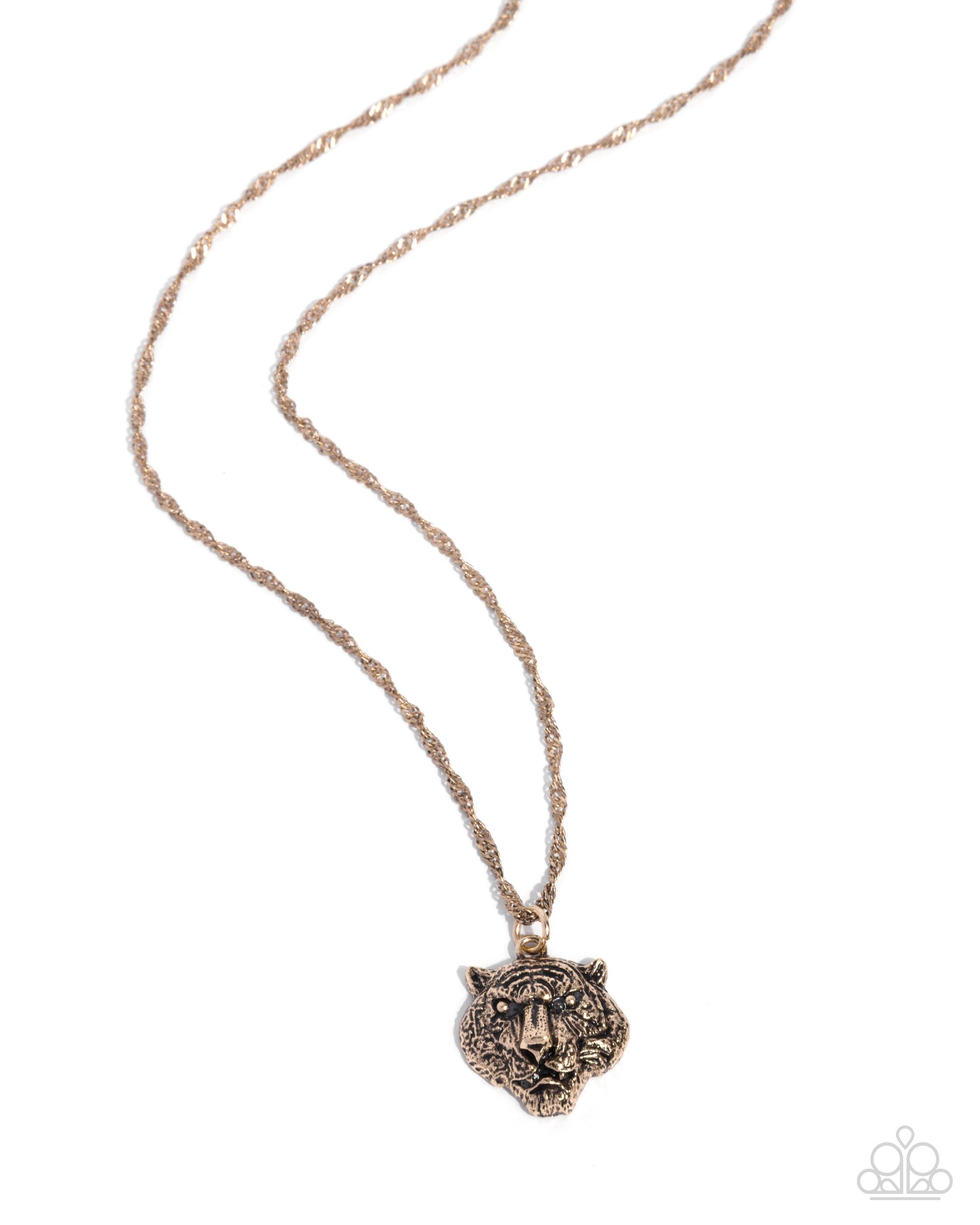 Rose gold necklace with a tiger head pendant on a white background