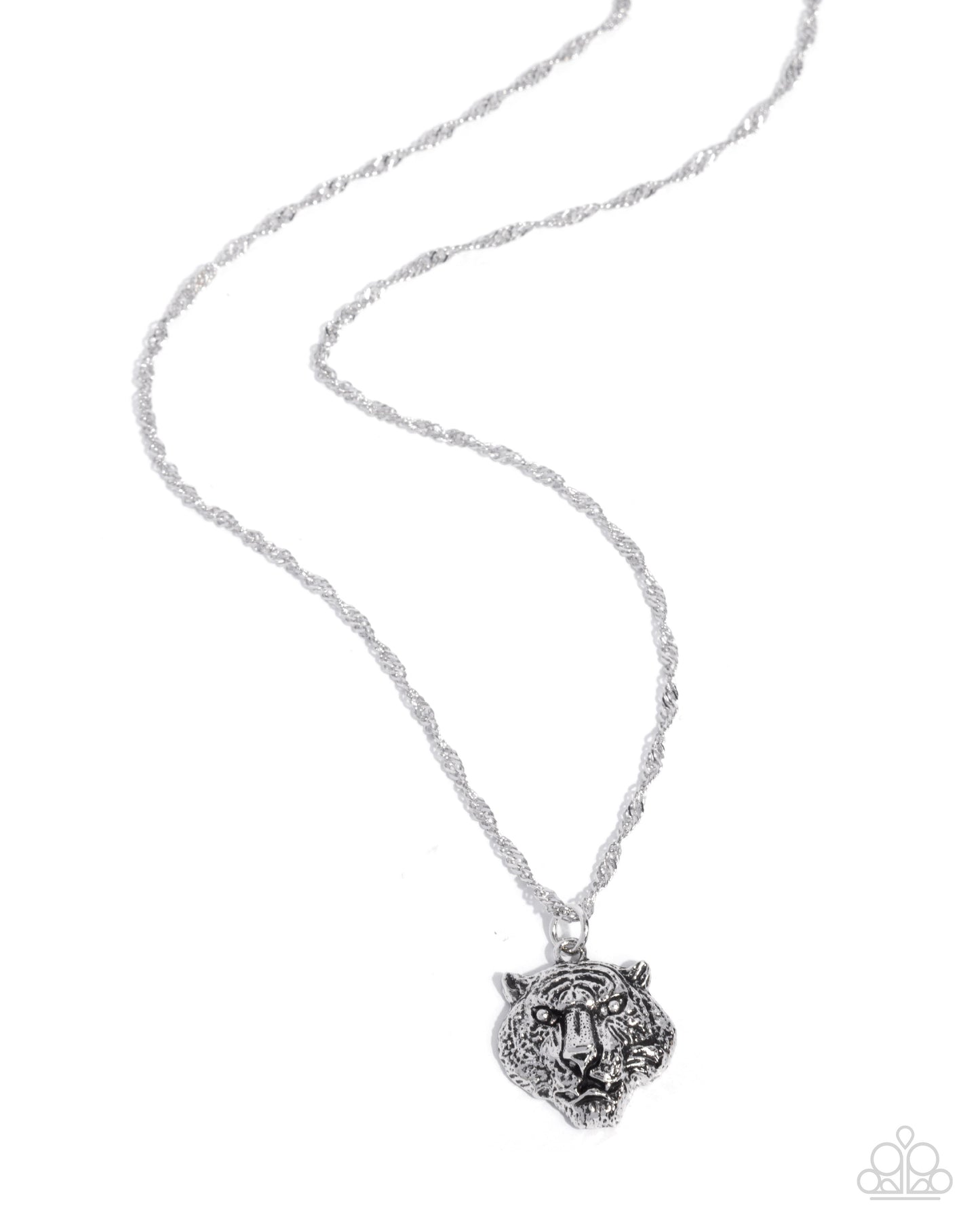 Silver necklace with a tiger head pendant on a white background