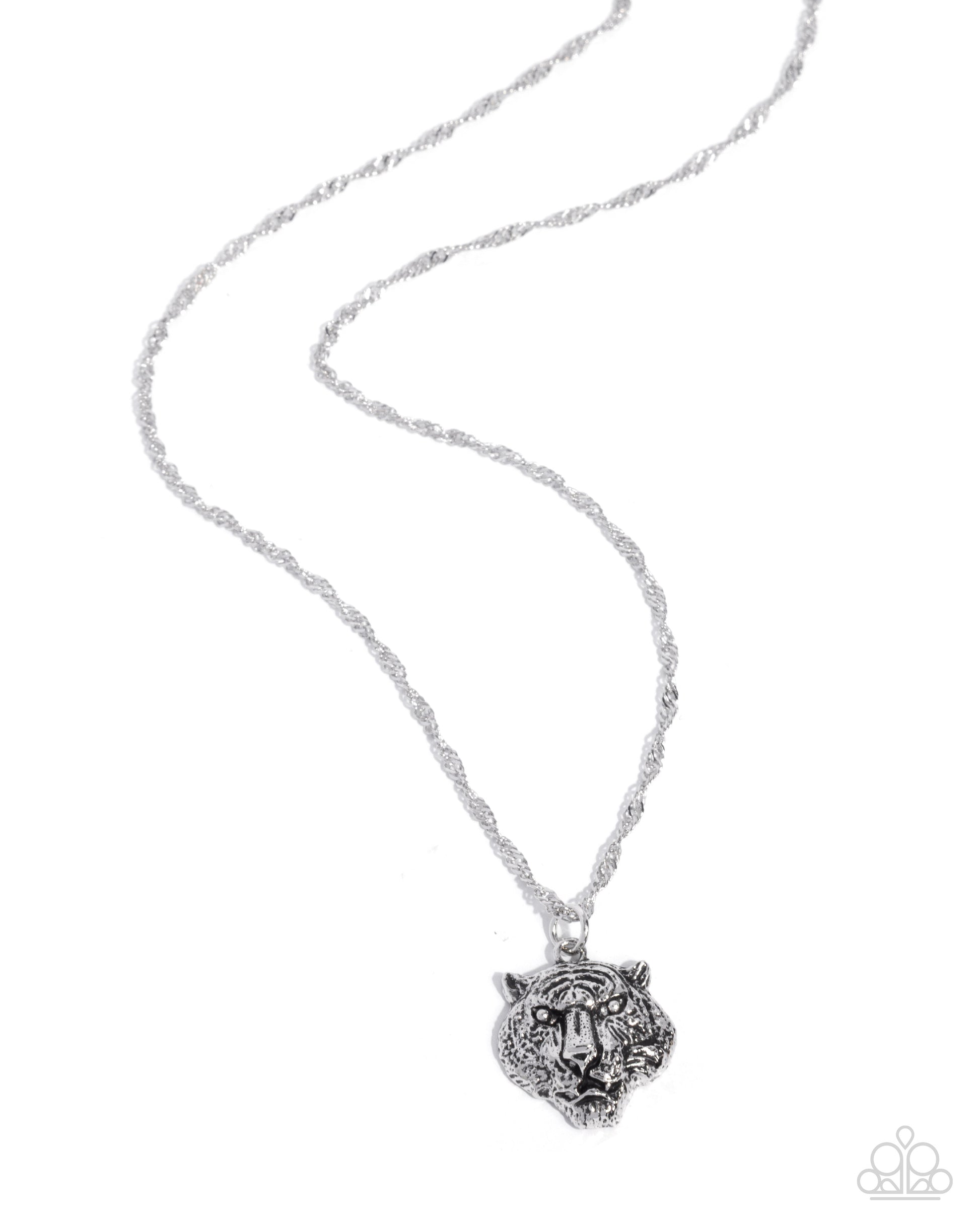 Silver necklace with a tiger head pendant on a white background