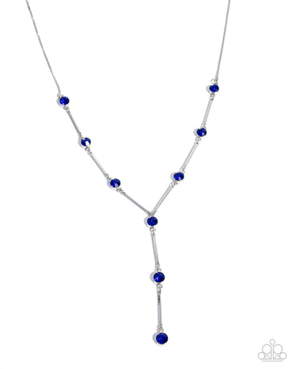 Silver necklace with blue beads on a white background