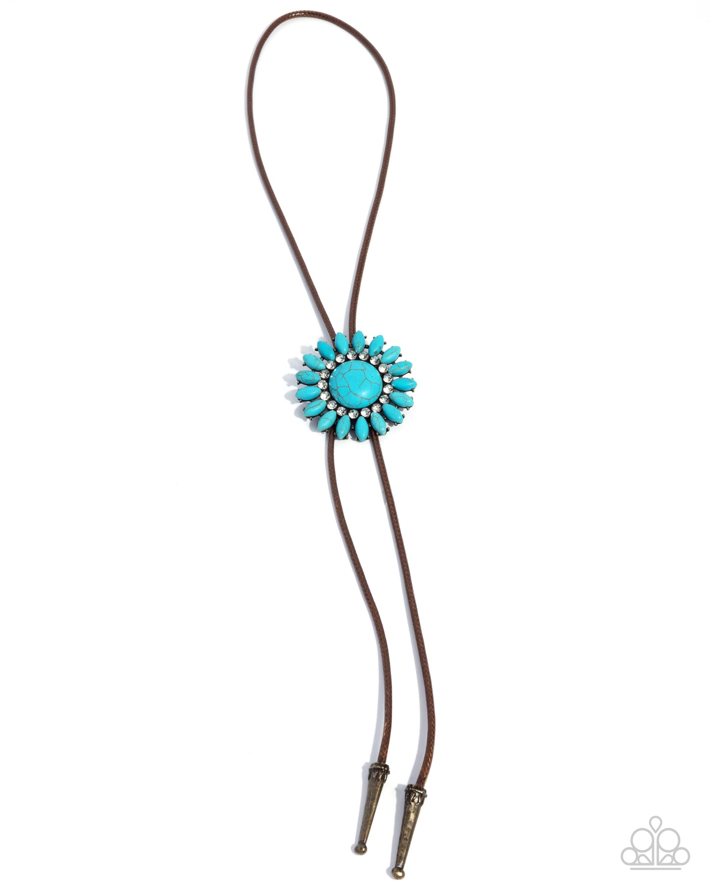 Turquoise bolo tie with brown leather strap on a white background