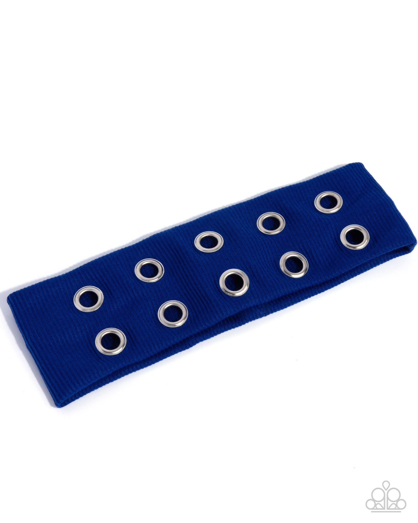 Blue headband with silver eyelets on a white background