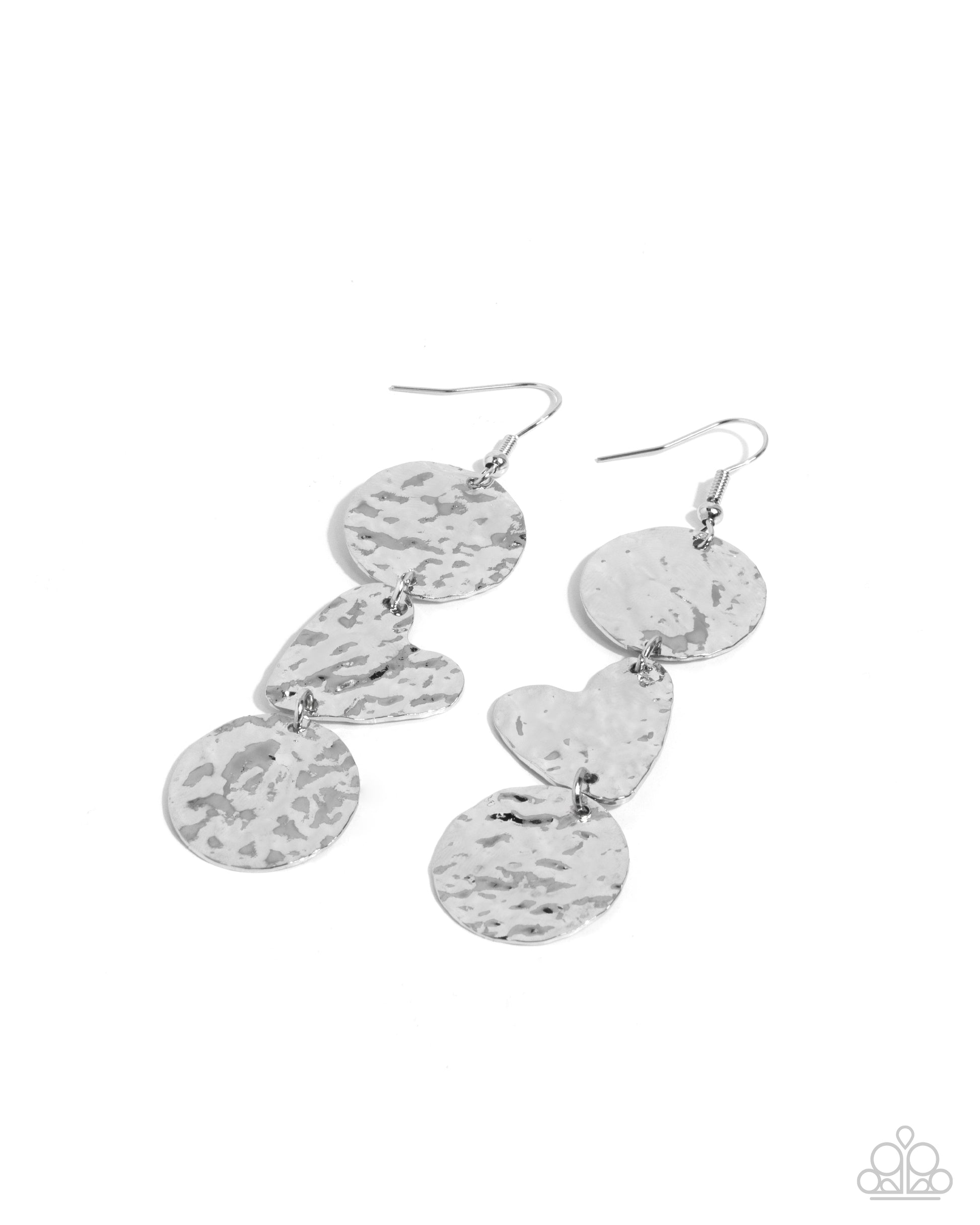 Pair of silver dangling earrings on a white background