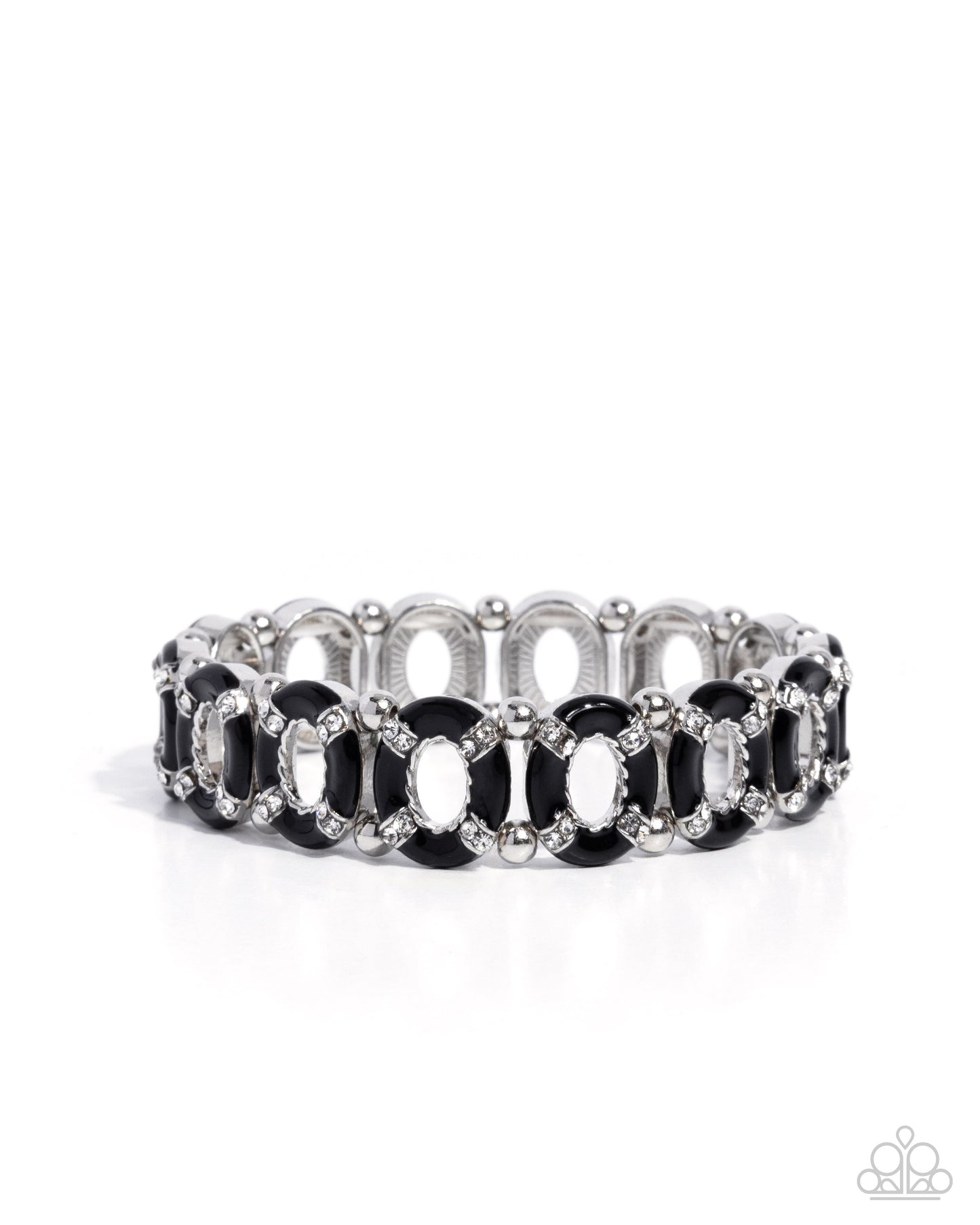 Silver bracelet with black and clear stones on a white background