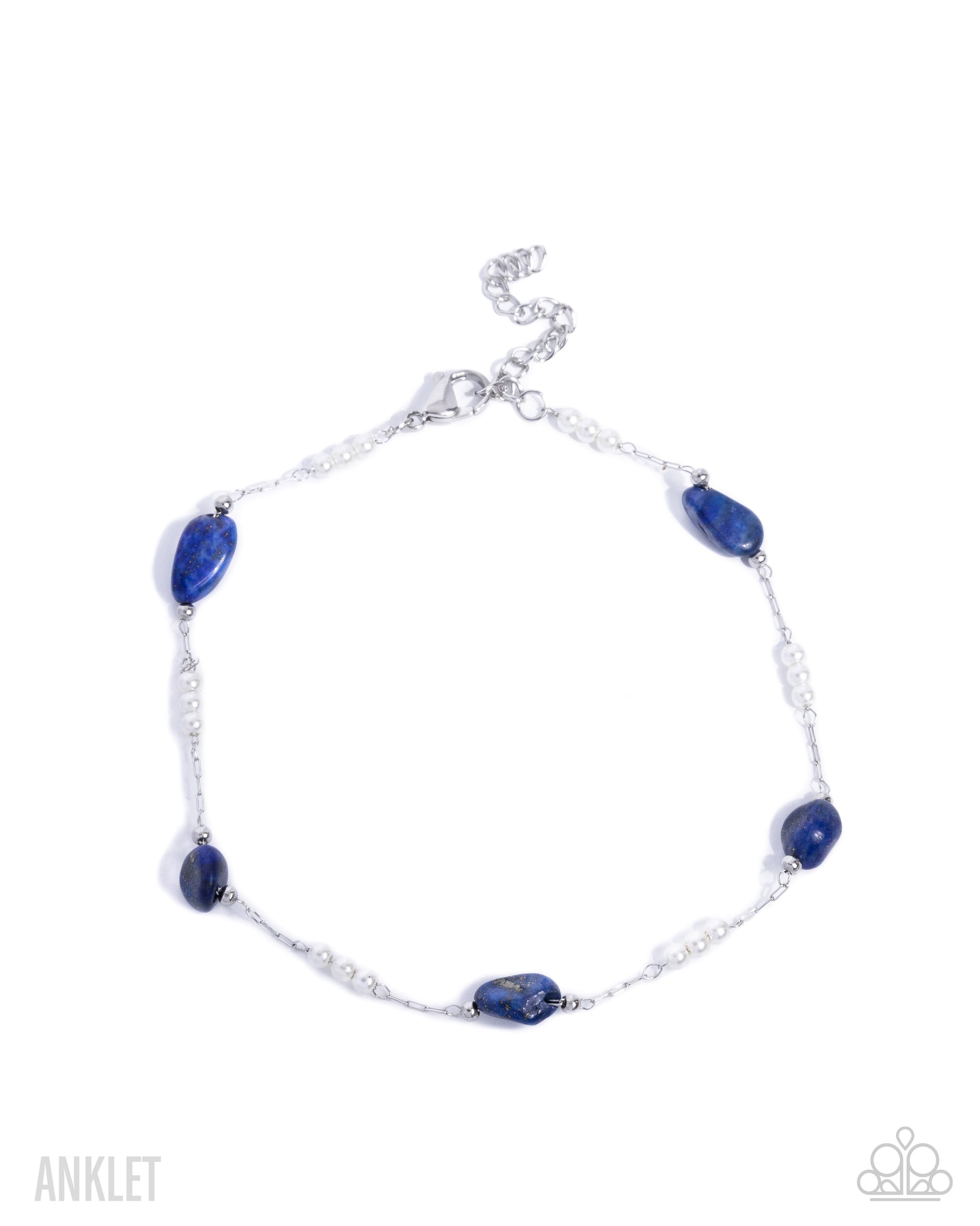 Silver anklet with blue beads on a white background