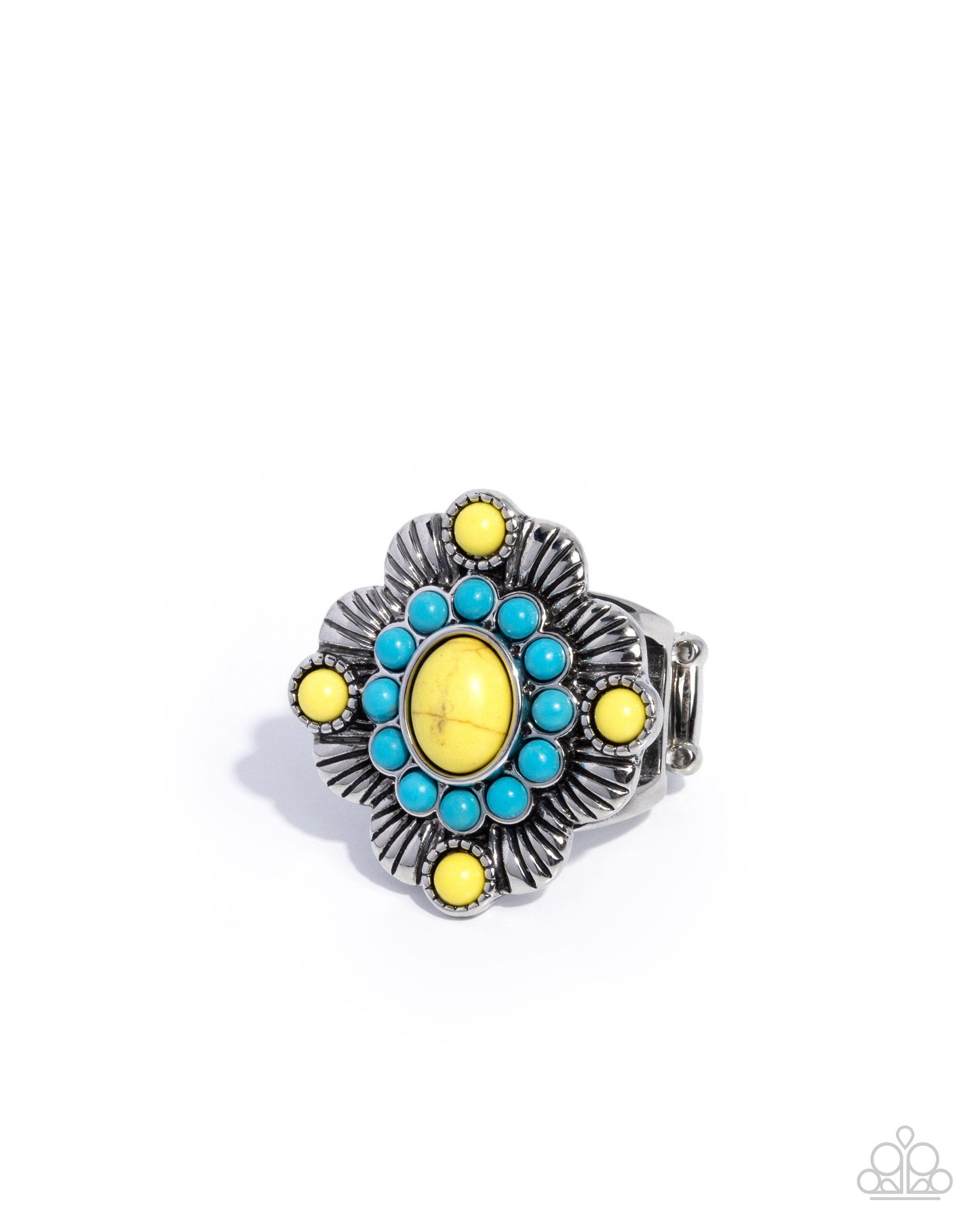 Silver belt buckle with yellow and turquoise stones on a white background