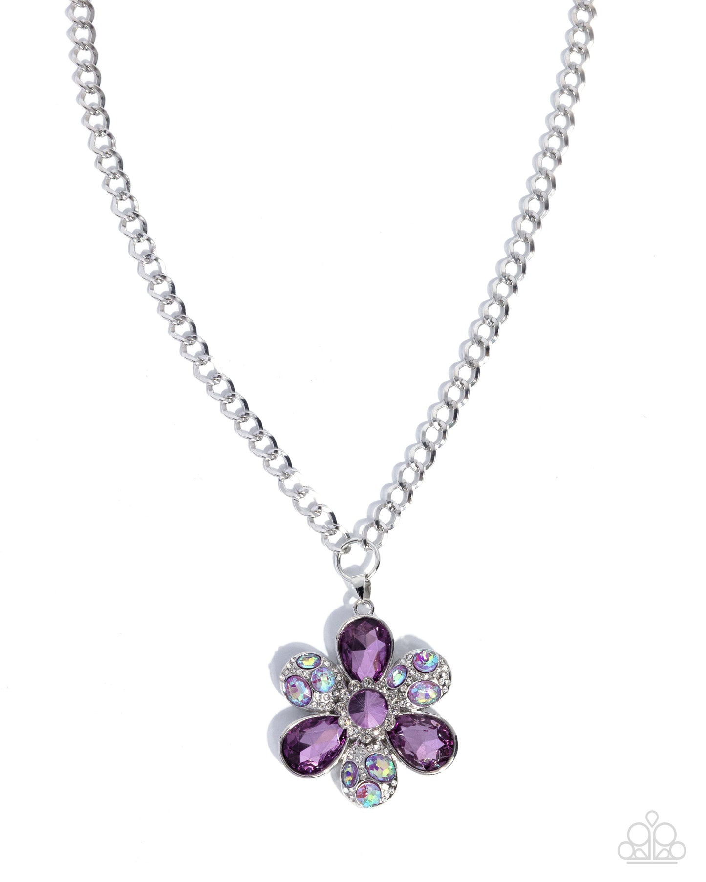 Necklace with a purple flower-shaped pendant on a white background