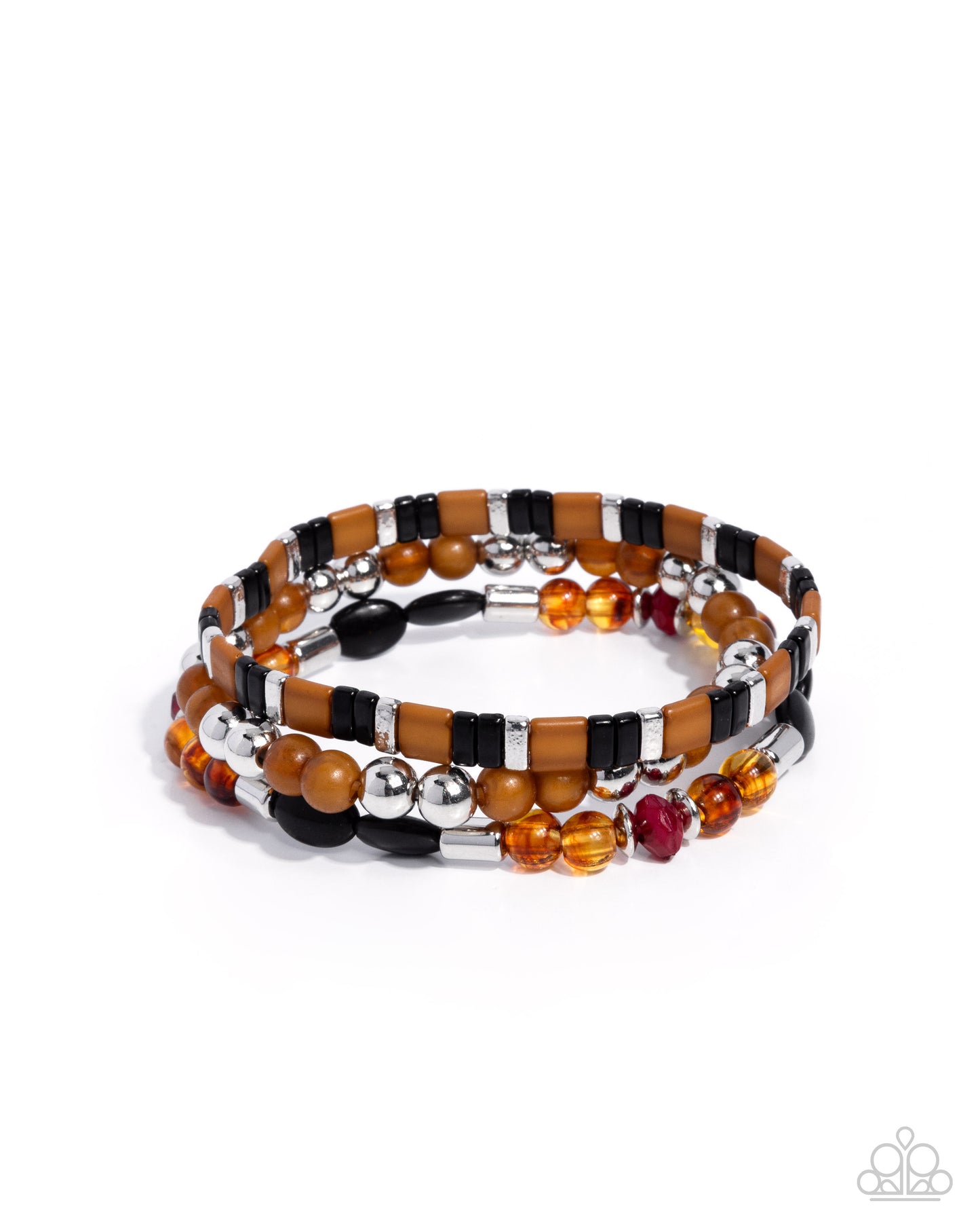 Stack of beaded bracelets with brown, black, silver, and red beads on a white background