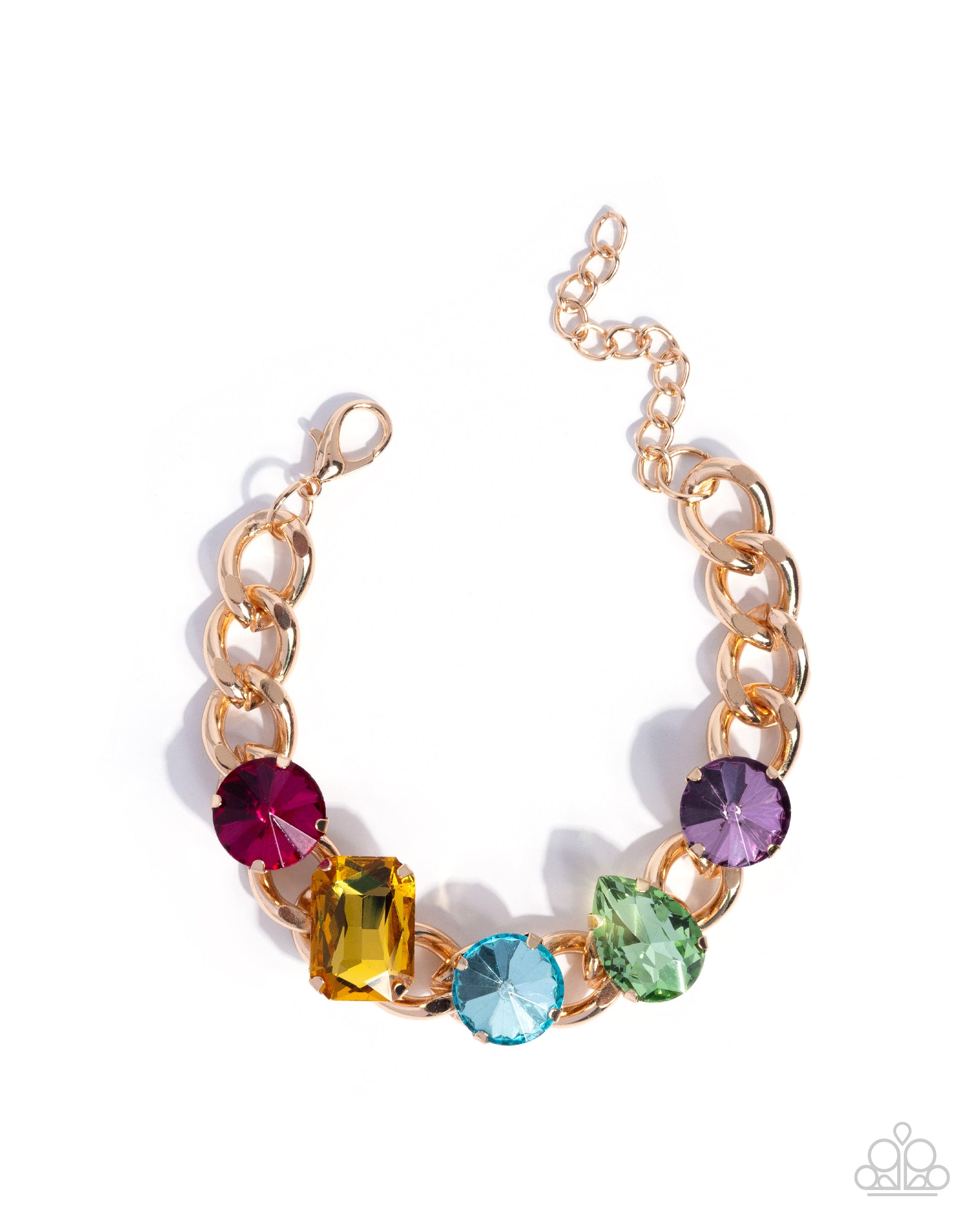 Multicolored gemstone bracelet on a gold chain against a white background