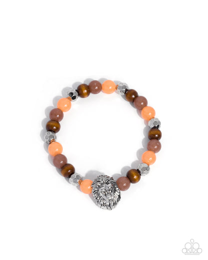 Beaded bracelet with orange, brown, and silver elements on a white background