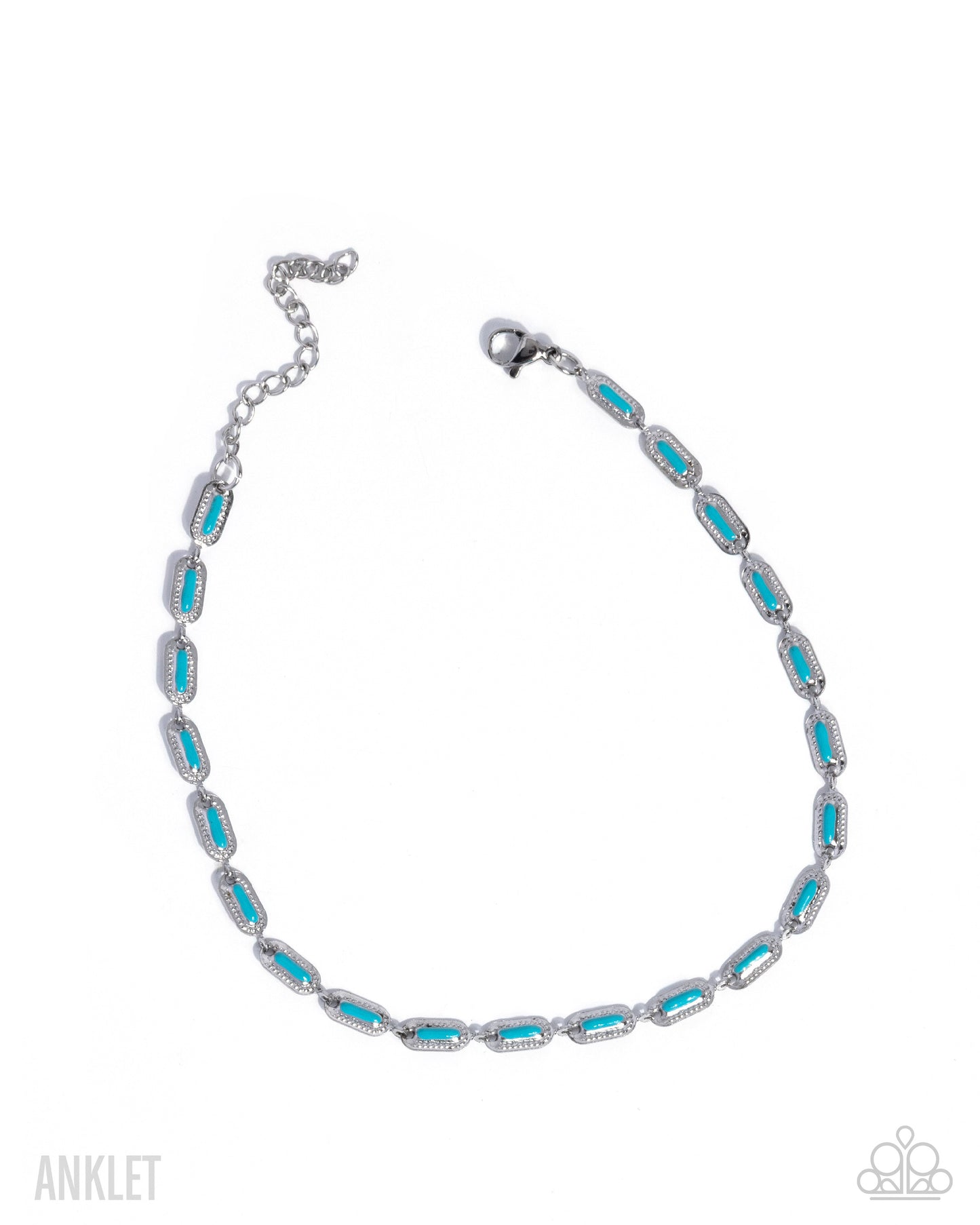 A silver anklet featuring a series of elongated oval links, each inlaid with a vibrant turquoise blue stone, displayed on a clean white background.