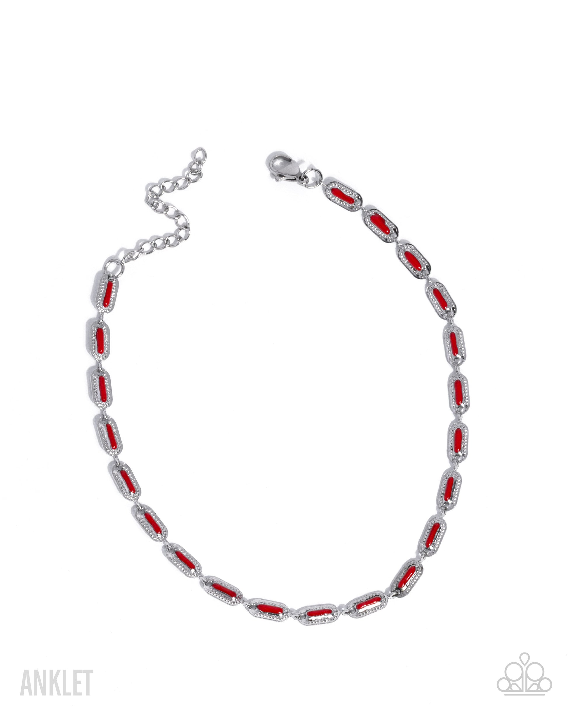 Silver anklet with red accents on a white background