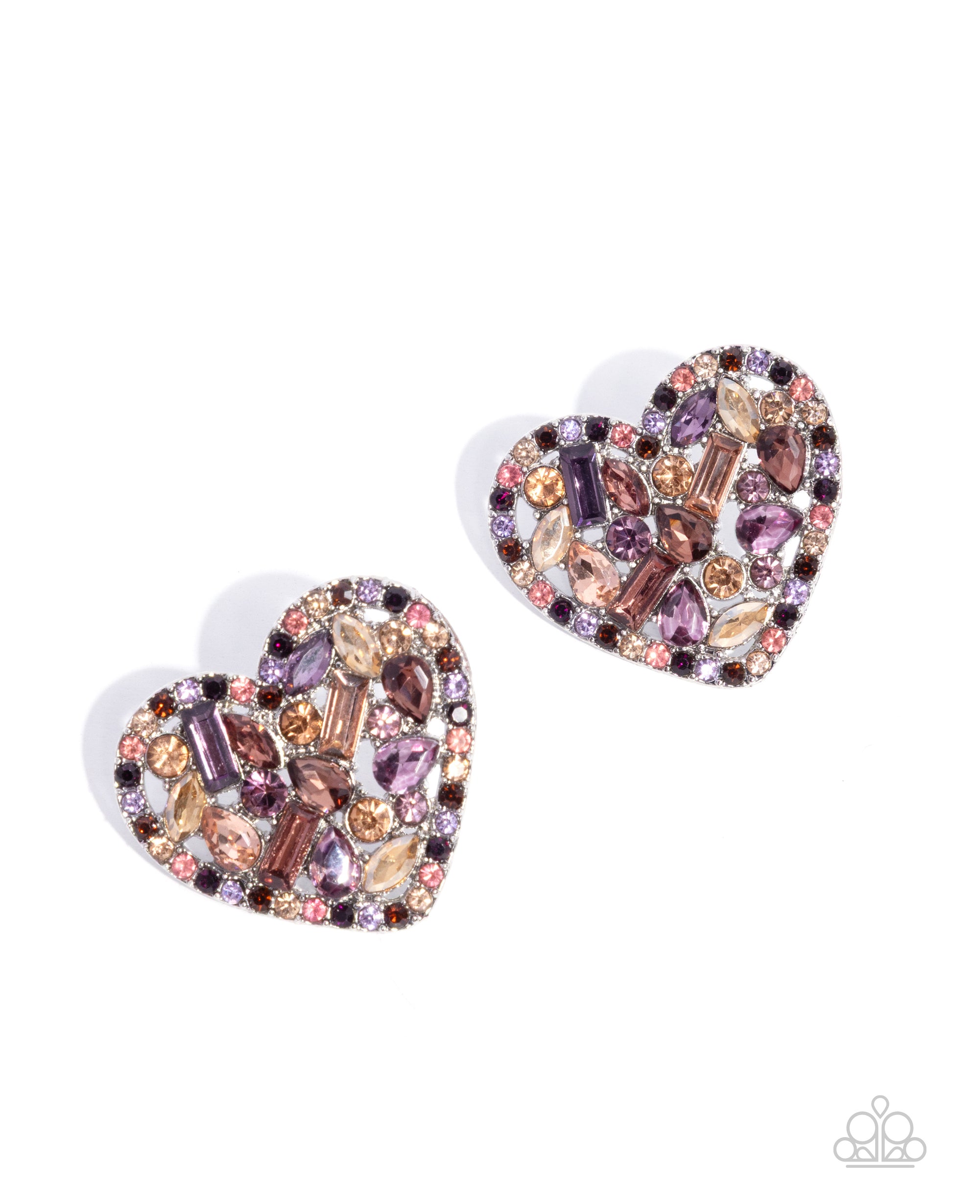 Heart-shaped earrings with multicolored gemstones on a white background