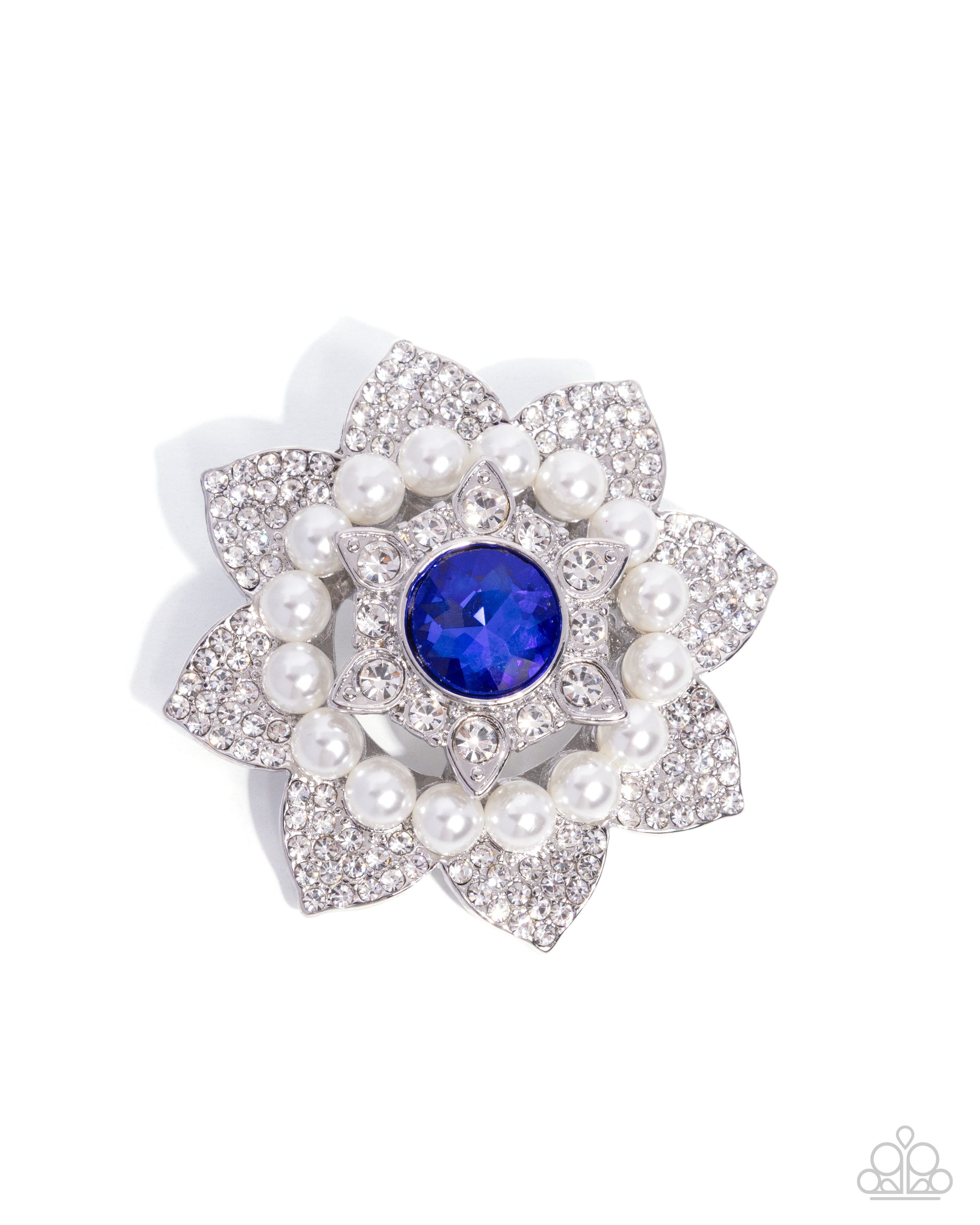 Floral brooch with pearls and a blue gemstone on a white background