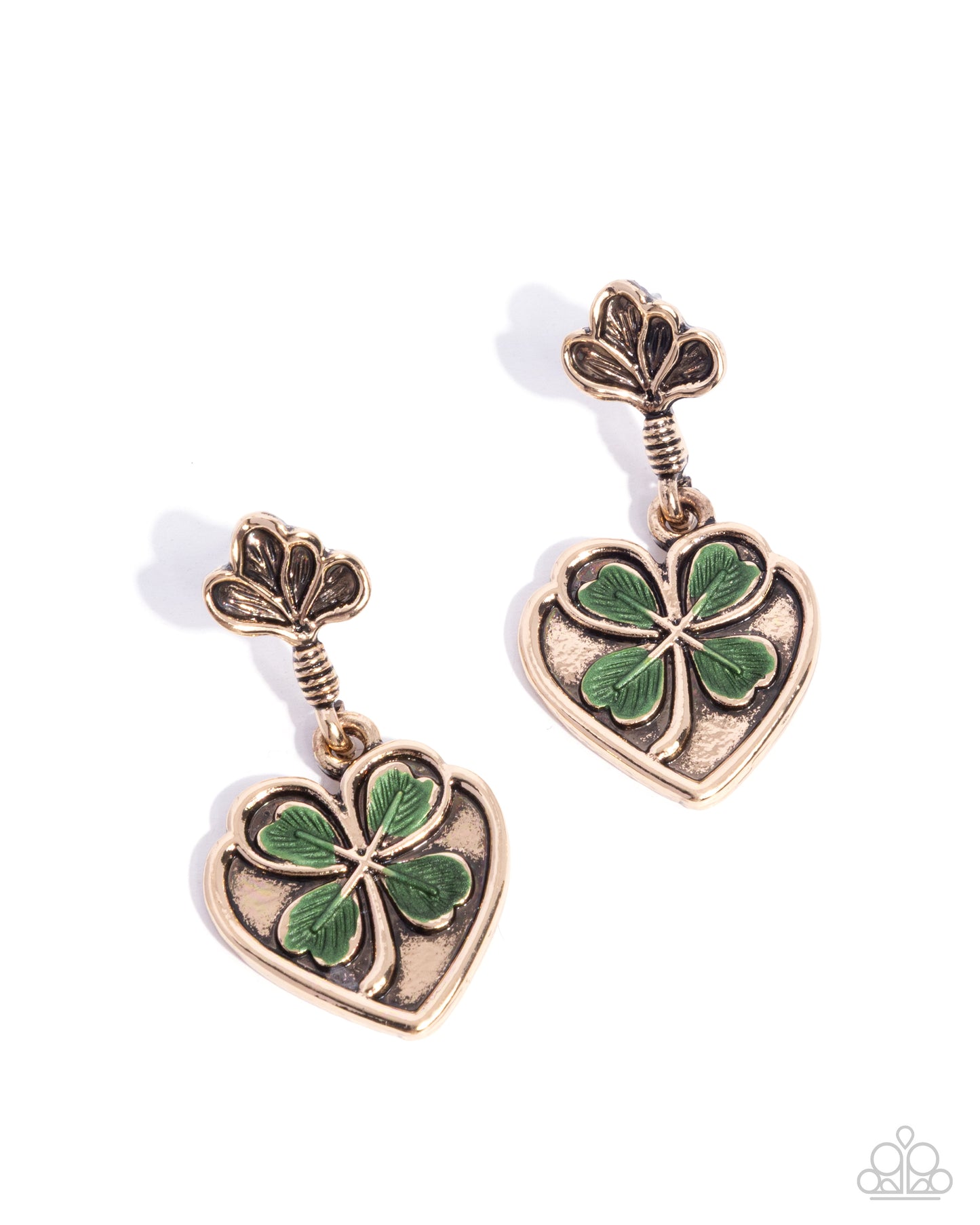 Pair of earrings with clover designs on a white background