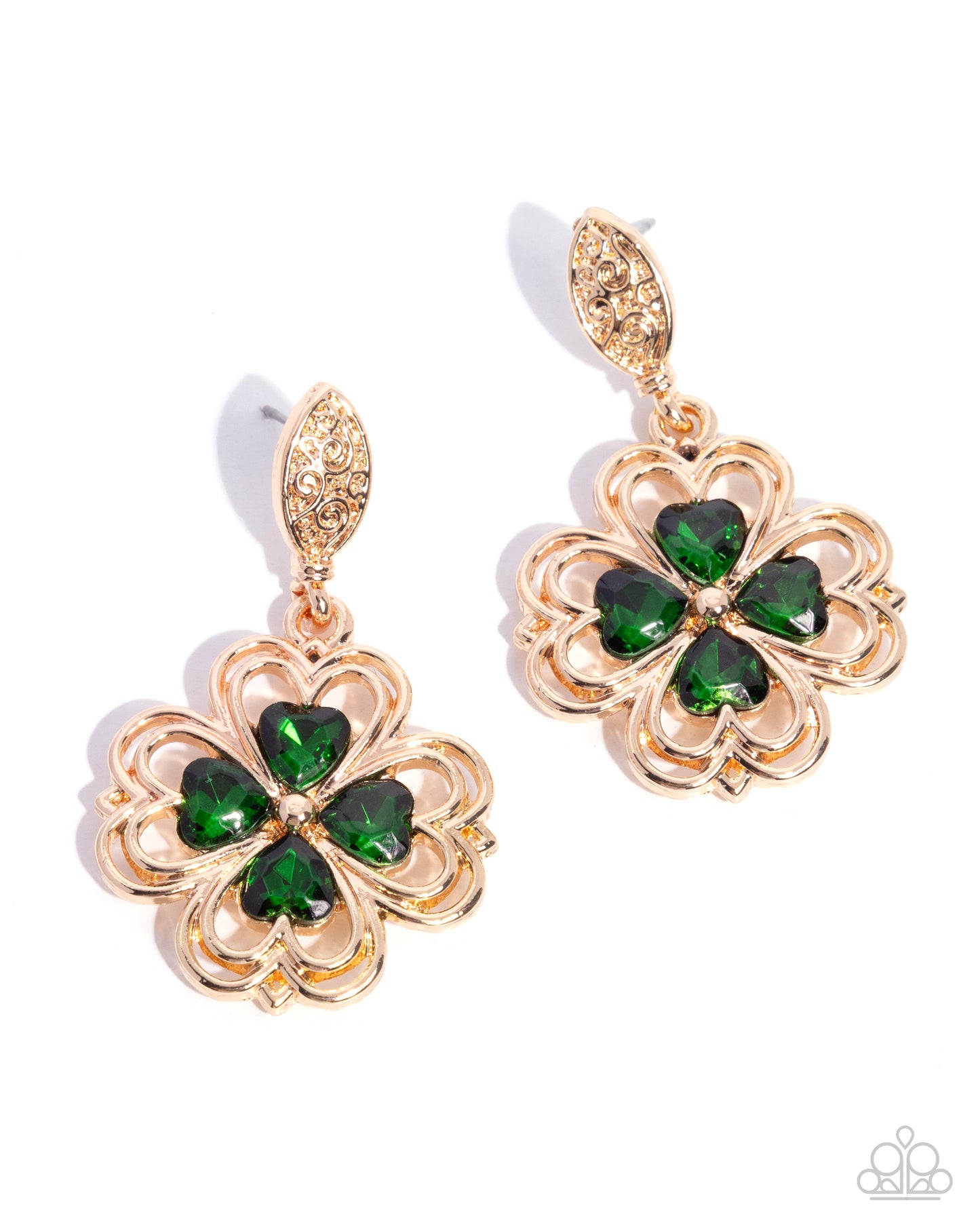 Gold and green clover-shaped earrings on a white background
