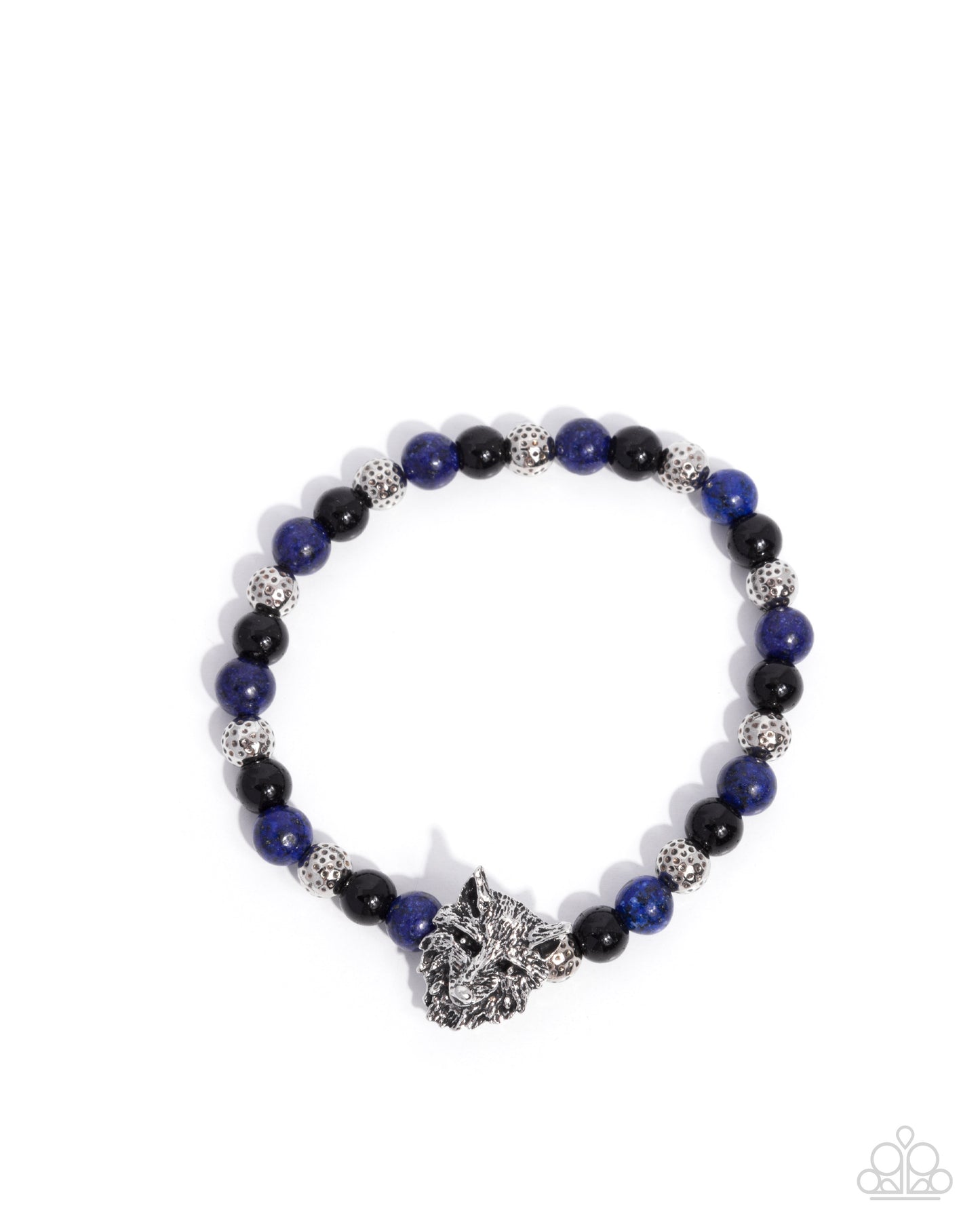 Beaded bracelet with blue and black beads and a silver clasp on a white background