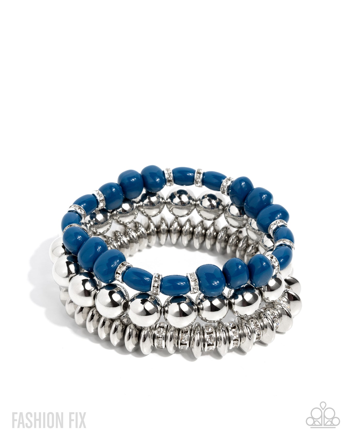 Set of blue and silver beaded bracelets on a white background
