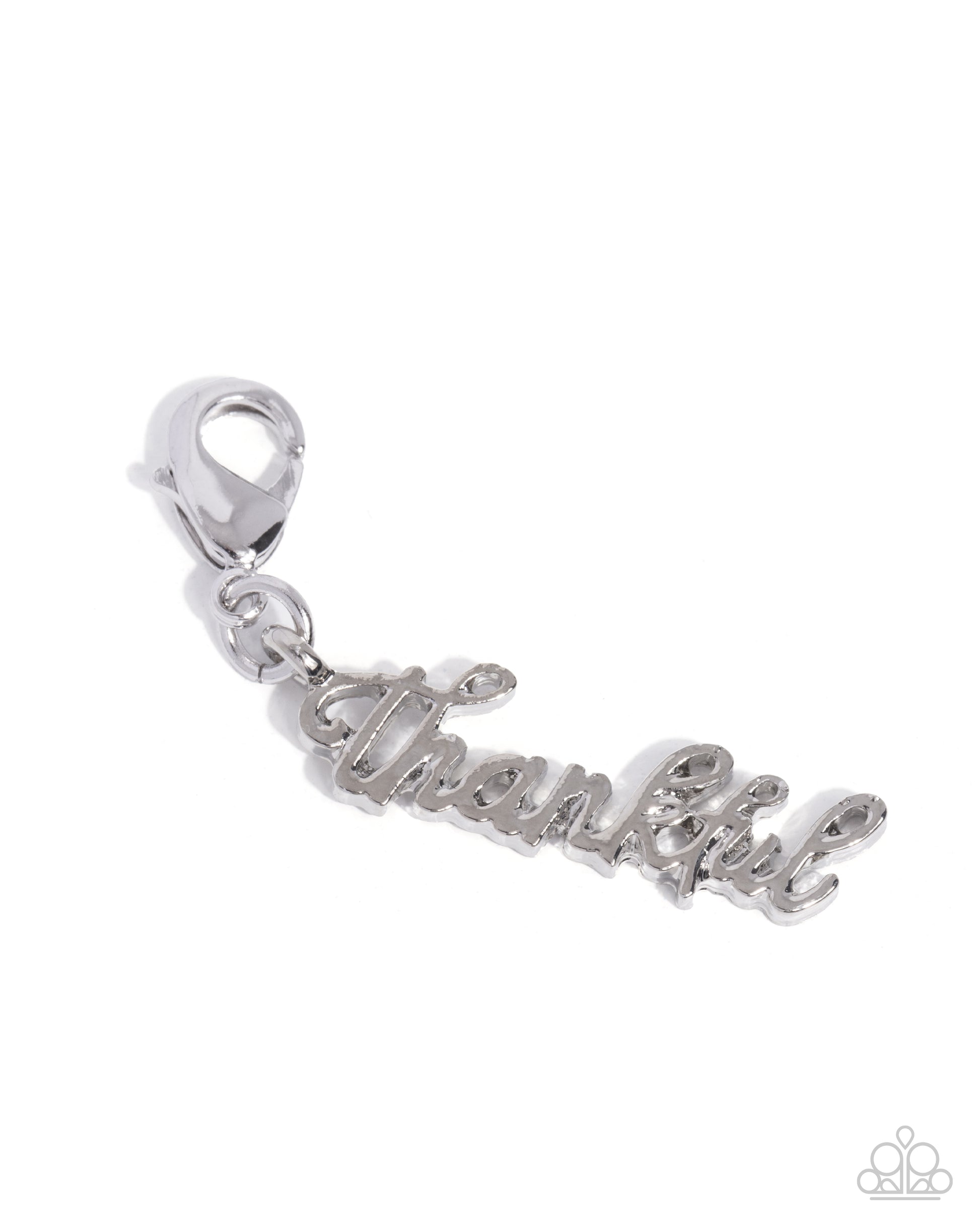 Silver 'Thankful' charm on a white background
