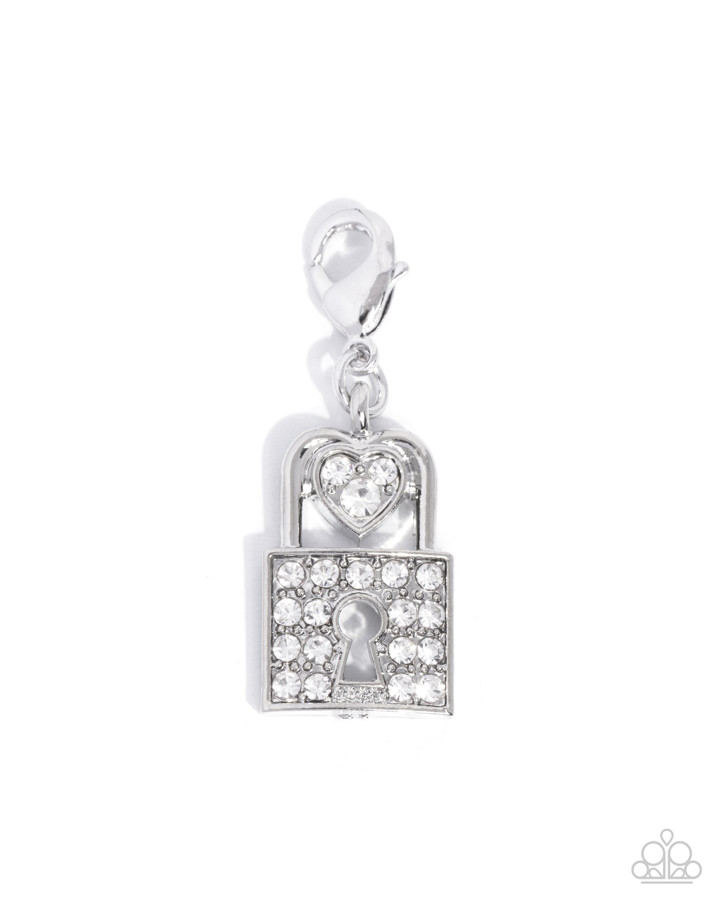 Silver lock-shaped pendant with heart and key design on a white background