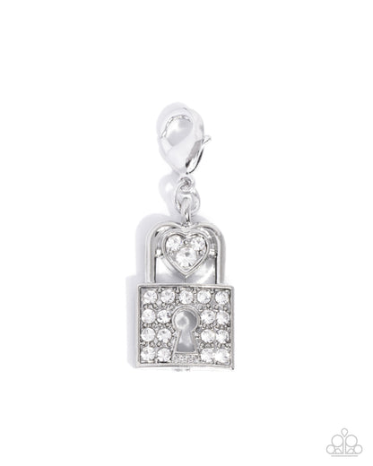 Silver lock-shaped pendant with heart and key design on a white background