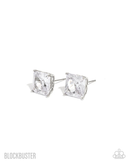 Pair of square-cut stud earrings on a white background with 'Blockbuster' branding.
