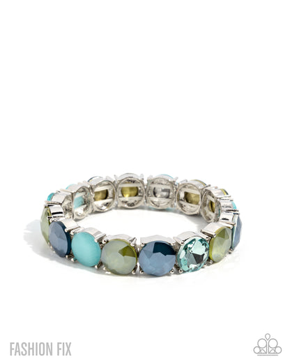 Silver bracelet with multicolored gemstones on a white background