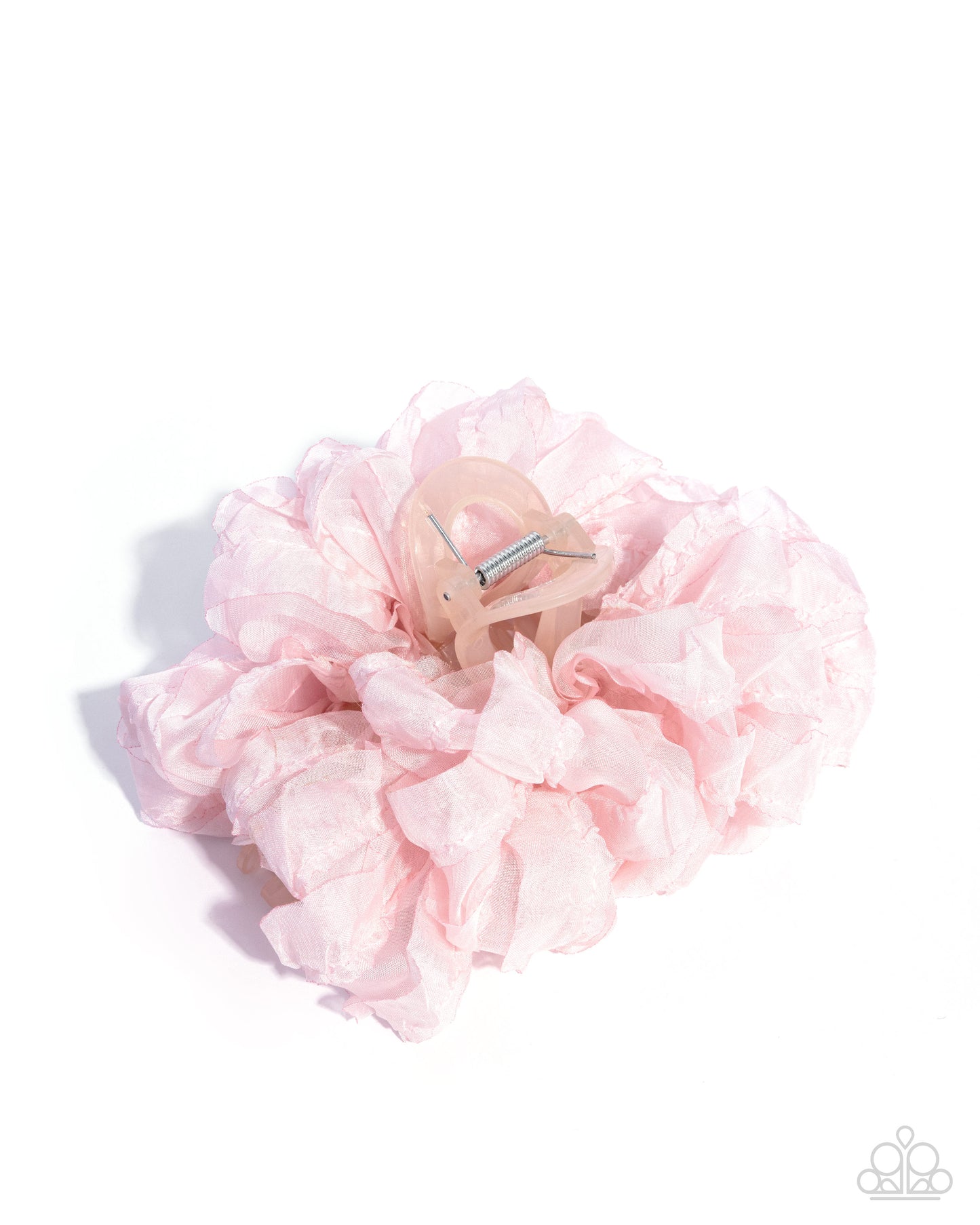 Pink floral hair scrunchie on a white background