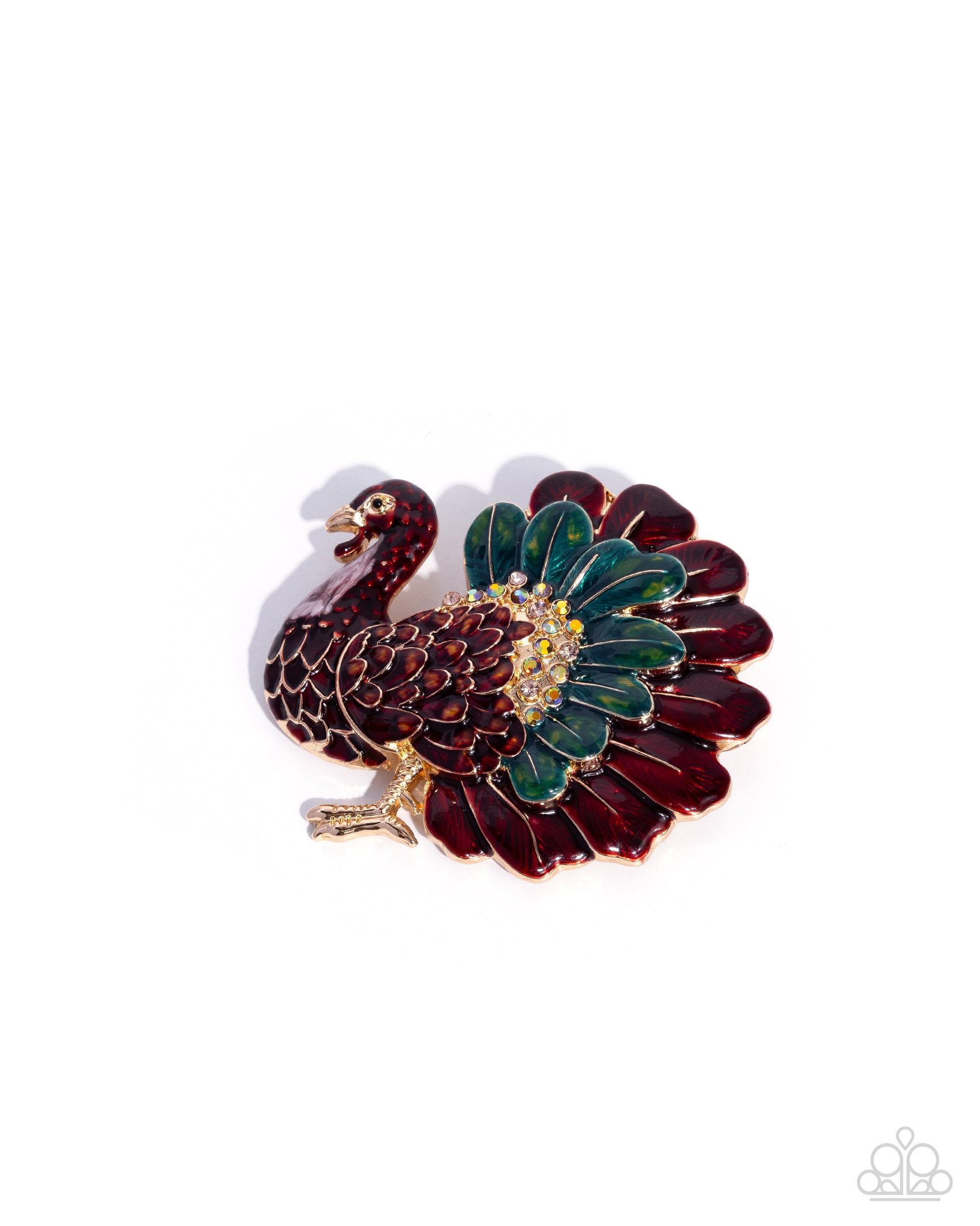 Colorful peacock brooch on a white background